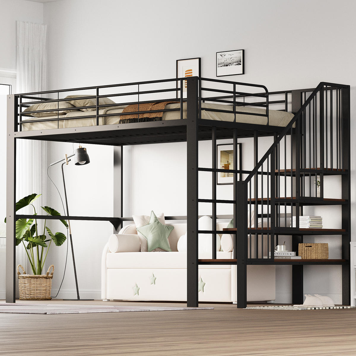 HOCHBETT 140/200 cm Schwarz aus Metall und Holz mit Treppe - Schwarz, Metall (140/200cm) - OKMYHOME