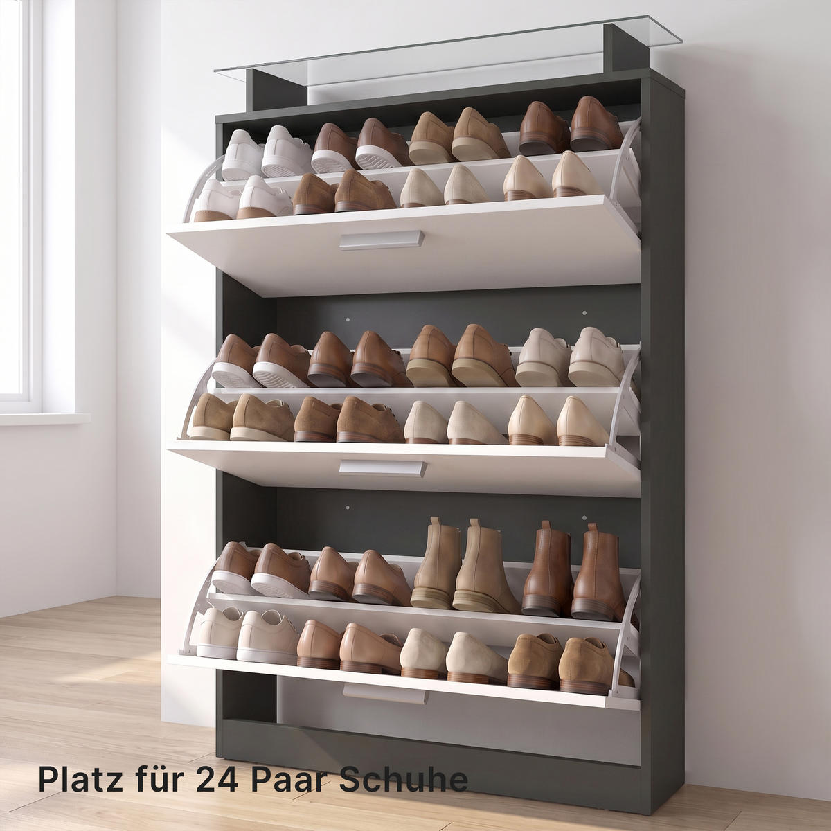 SCHUHSCHRANK Lavia Front in Schwarz Hochglanz - Schwarz Hochglanz, Holzwerkstoff (89/128/23cm) - Vladon
