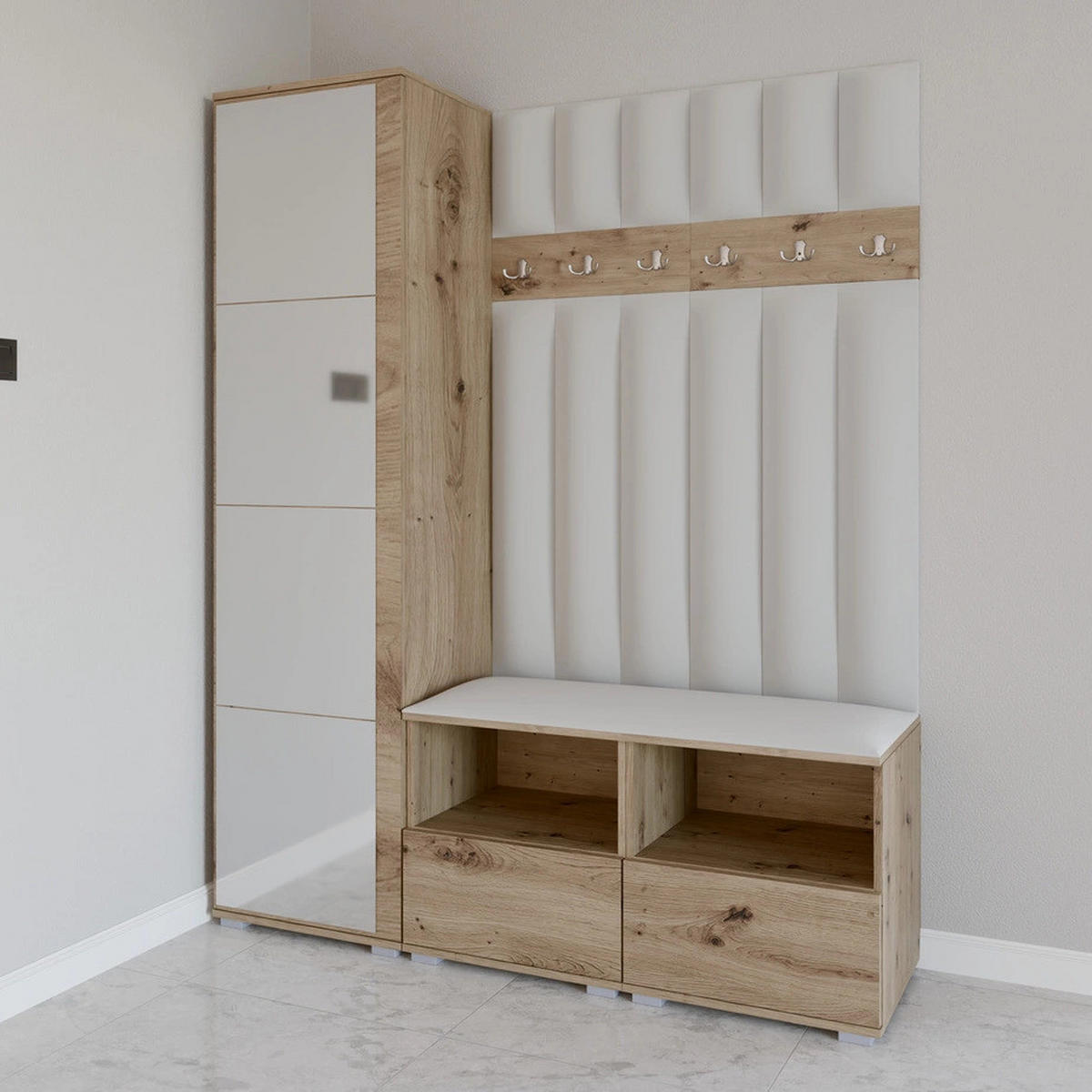 GEPOLSTERT Garderoben-Set Nela II LUX (Spiegel – Farbe Eiche Artisan + Stoff Trinity 32) - Silberfarben/Hellgrau, Holz/Holzwerkstoff (150/187/40cm) - Ravio