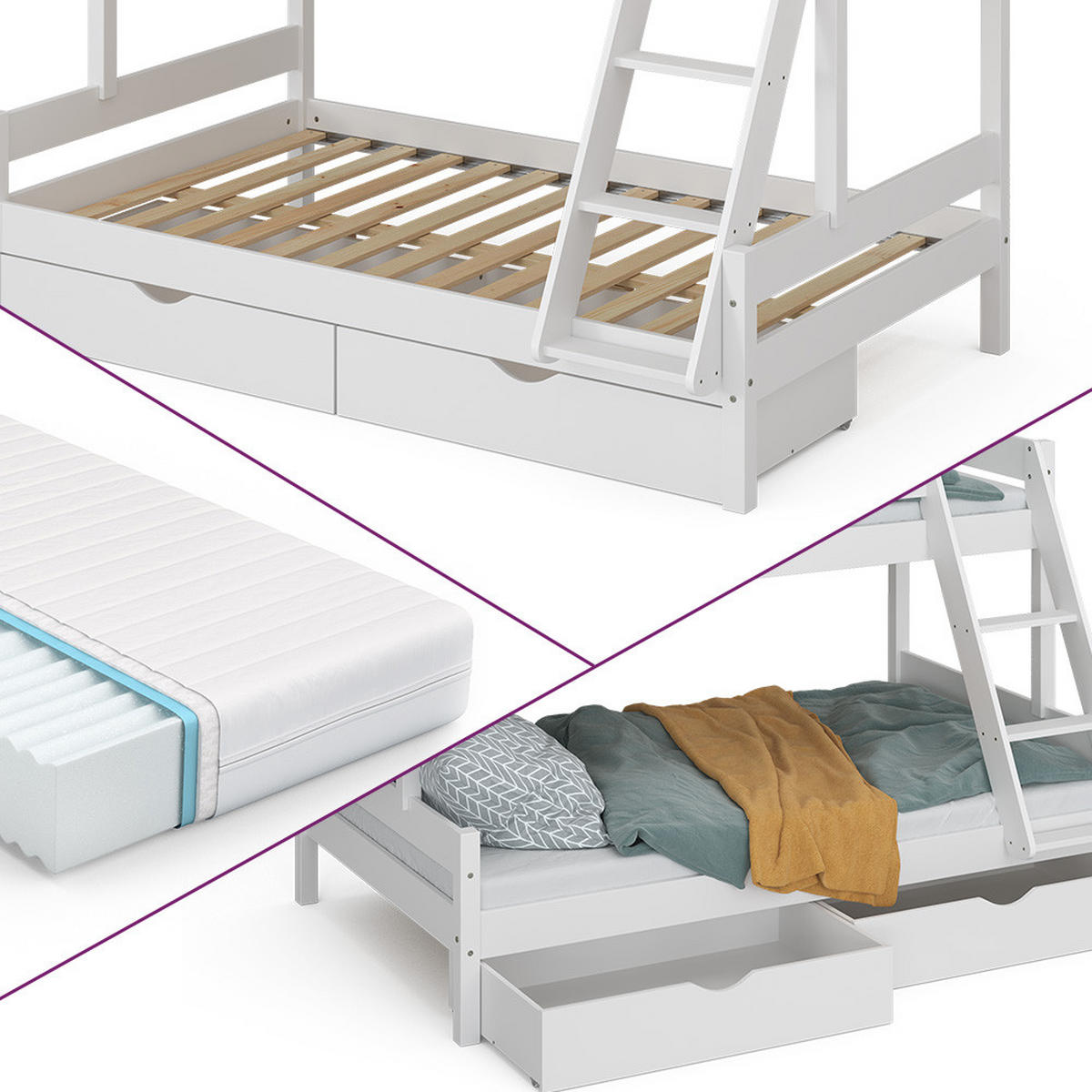 ETAGENBETT Everest Weiß 120x200/80x200 cm mit 2 Matratzen und 2 Schubkästen - Weiß, Holz (120/200cm) - VitaliSpa