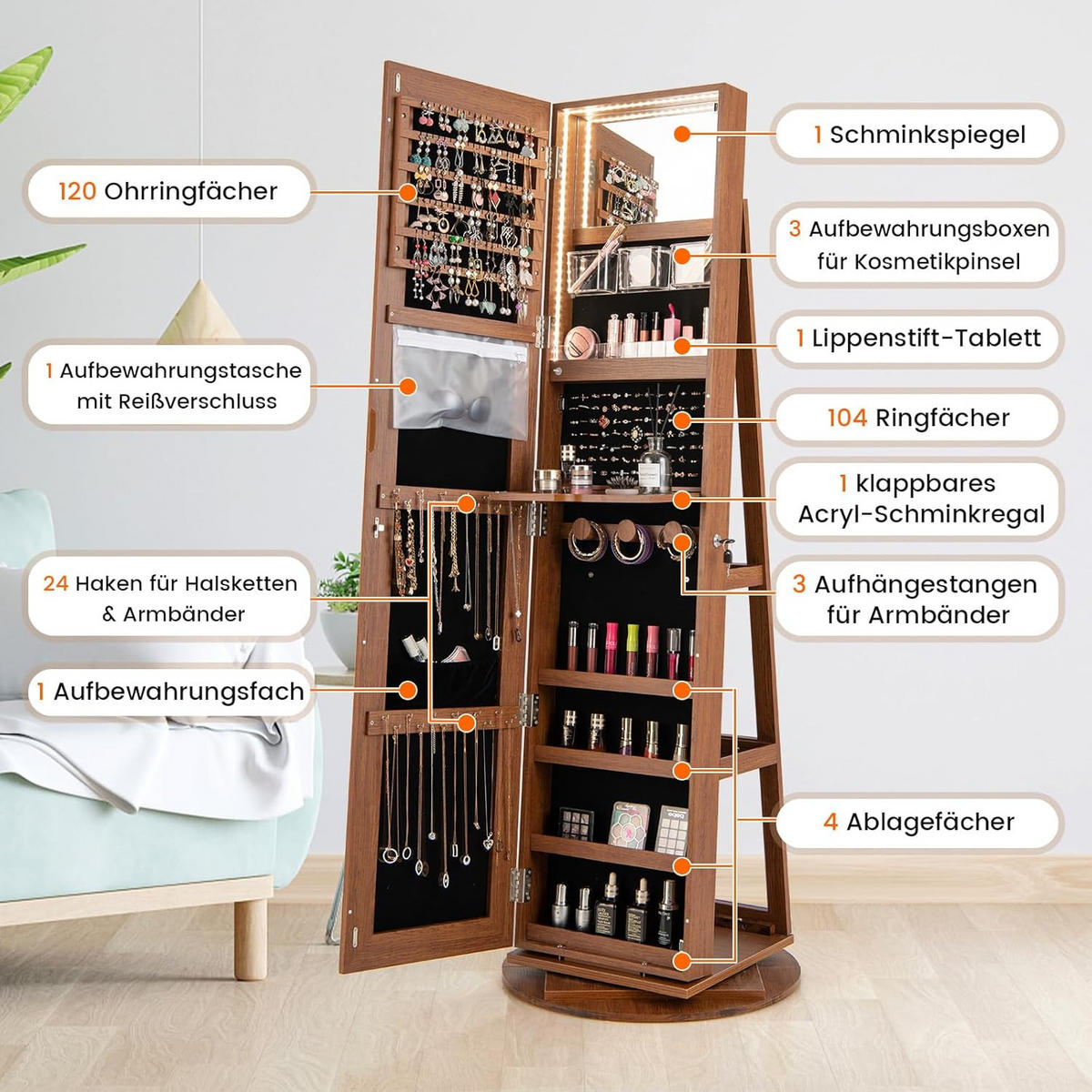 SCHMUCKSCHRANK Braun - Braun, Holz (55/161/55cm) - COSTWAY