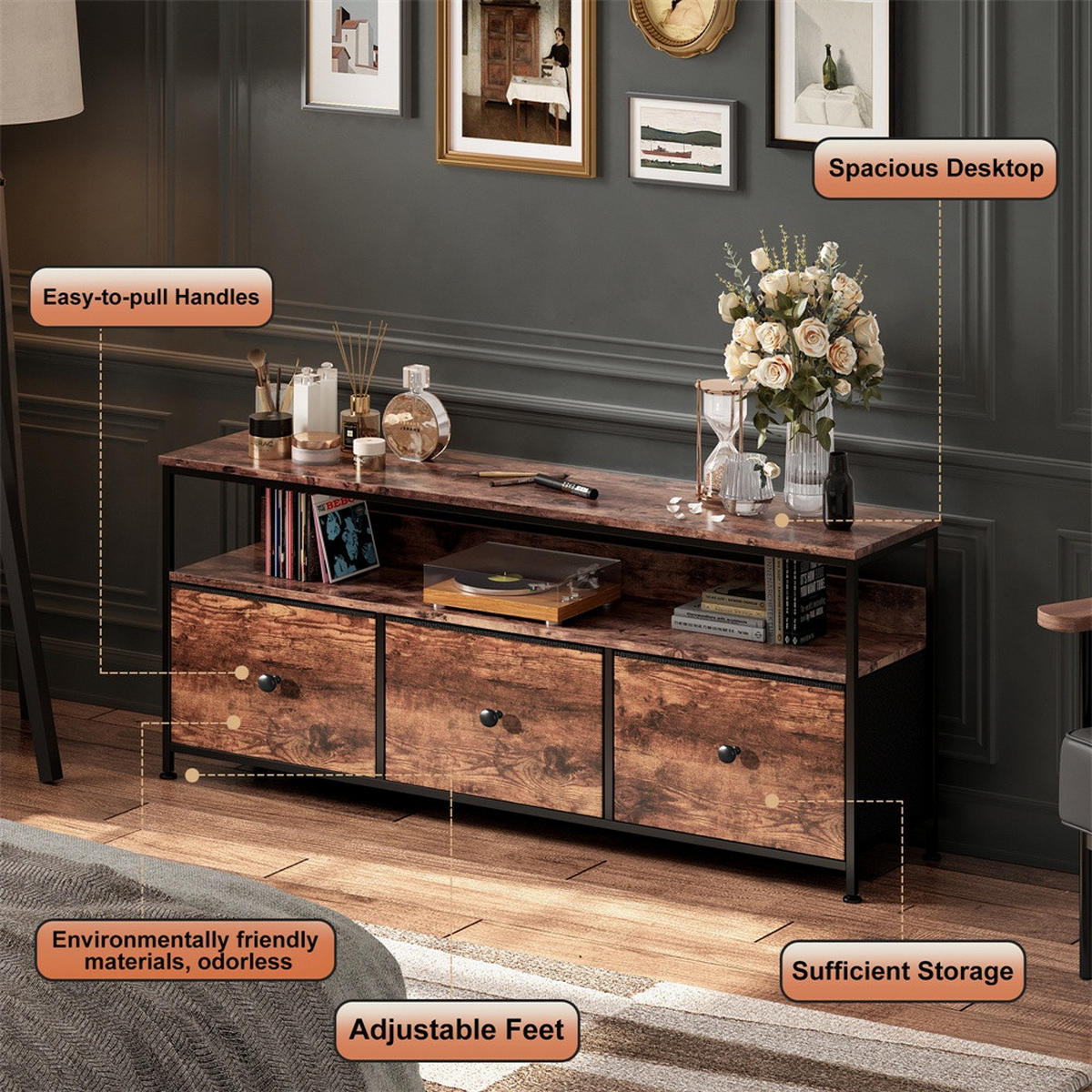 TV-LOWBOARD 108cm - mit LED-Beleuchtung und Stoffschubladen - Industrial-Stil Tigerholz-Optik und Schwarz - Braun, Holzwerkstoff (29.8/57/108cm) - DELFA