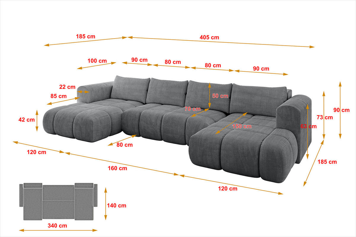 WOHNLANDSCHAFT Ottomane Links CLOUD-U 405x185x90 Dunkelgrau Cord - Dunkelgrau, Holzwerkstoff/Kunststoff (405/90/185cm) - ALTDECOR