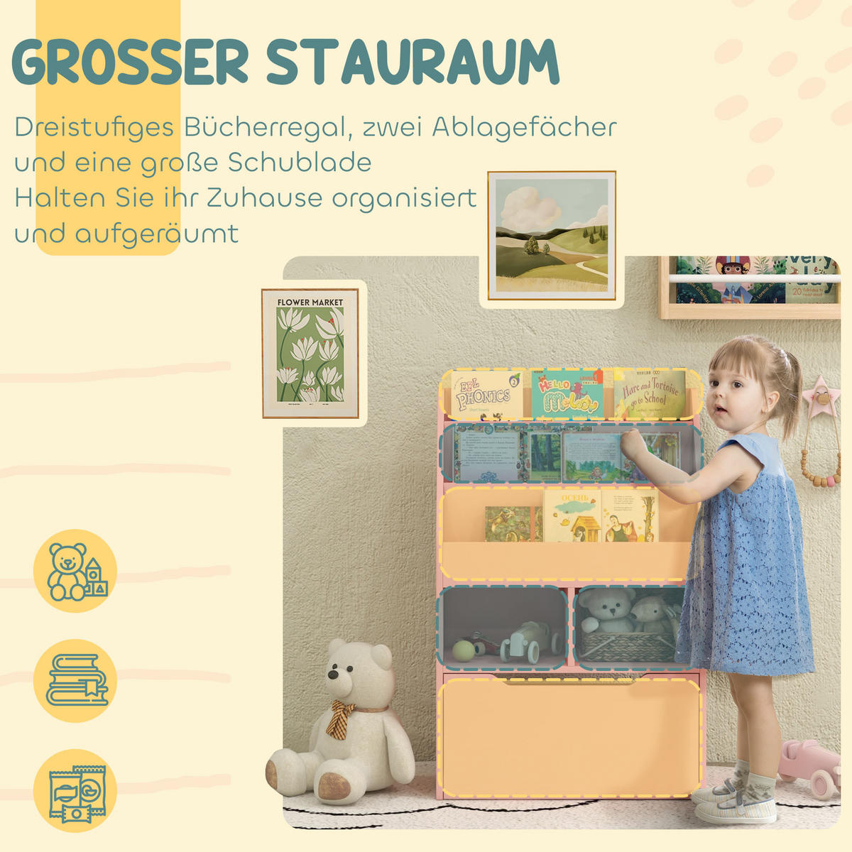 KINDERBÜCHERREGAL - Rosa, Holzwerkstoff (29.9/90/60cm) - HOMCOM