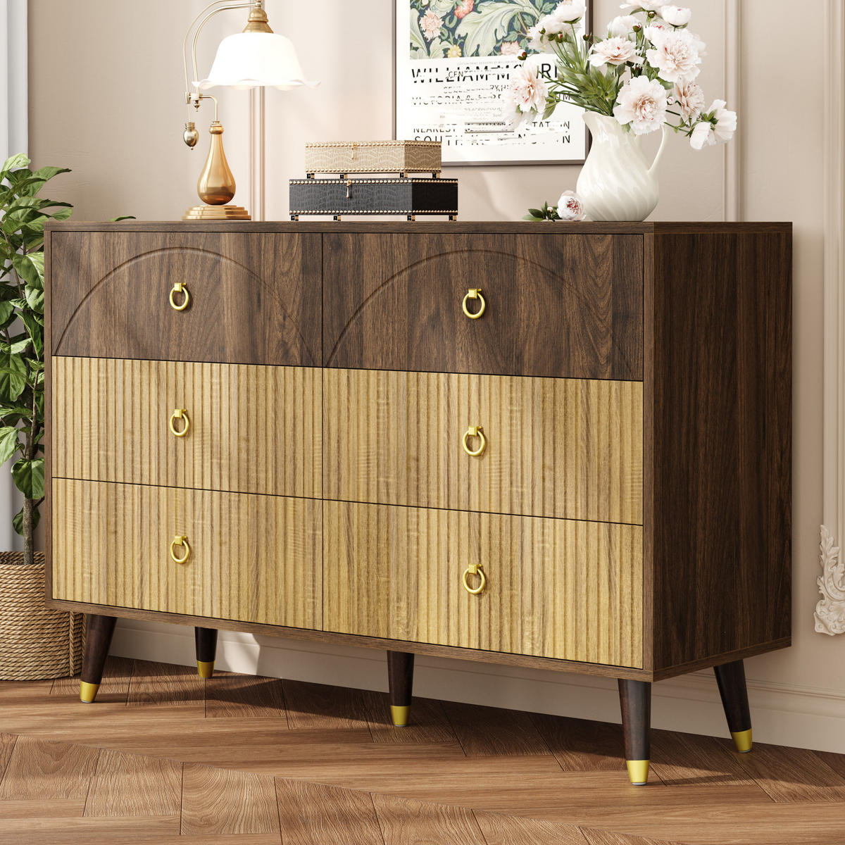 KOMMODEN-SIDEBOARD 120/40/81 cm mit 6 Schubladen im Retro-Look - Naturfarben, Holzwerkstoff (120/81/40cm) - BEAOK