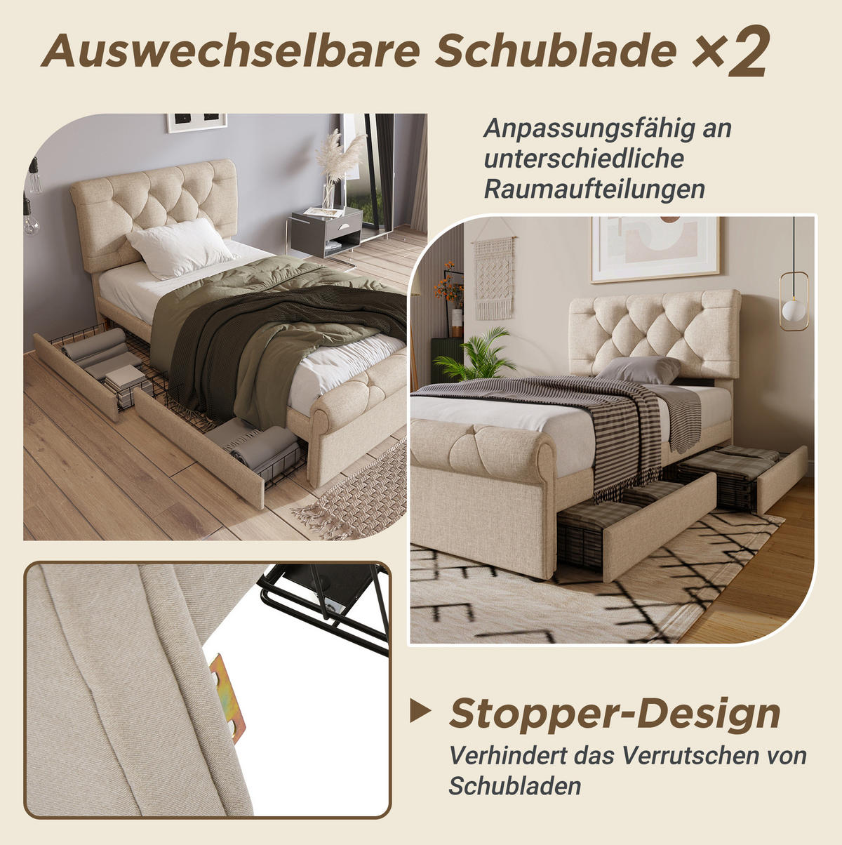 POLSTERBETT 90/200 cm Natur aus Metall und Holz mit 2 Schubladen - Naturfarben, Metall (90/200cm) - OKMYHOME