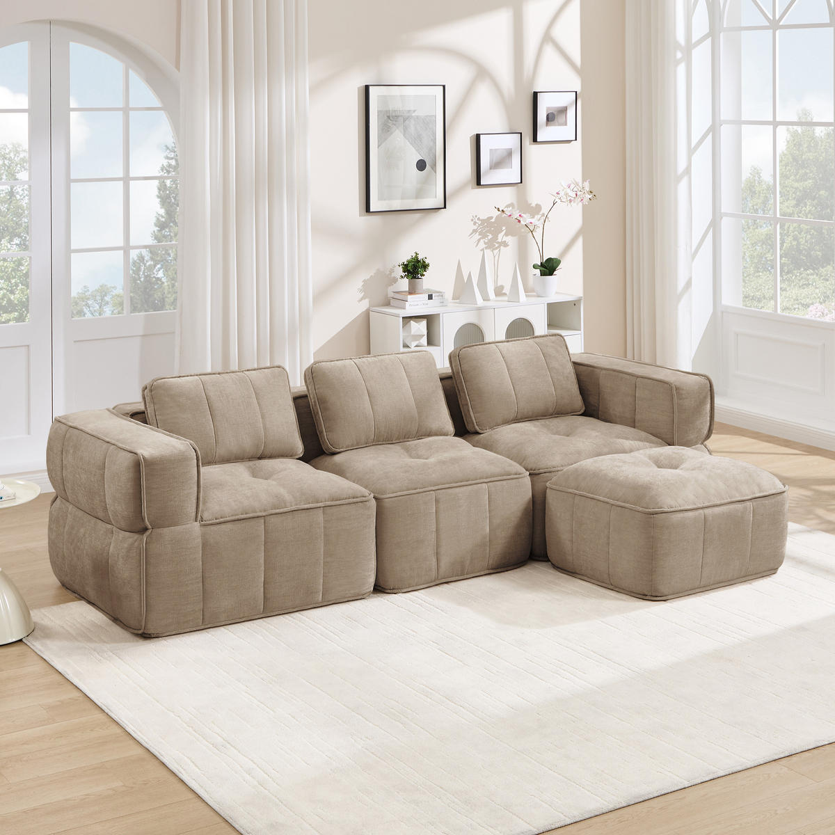 3-SITZER-SOFA mit Hocker, minimalistisch, Polyester-Sandfarben - Sandfarben, Textil (162/67/271cm) - KOMHTOM