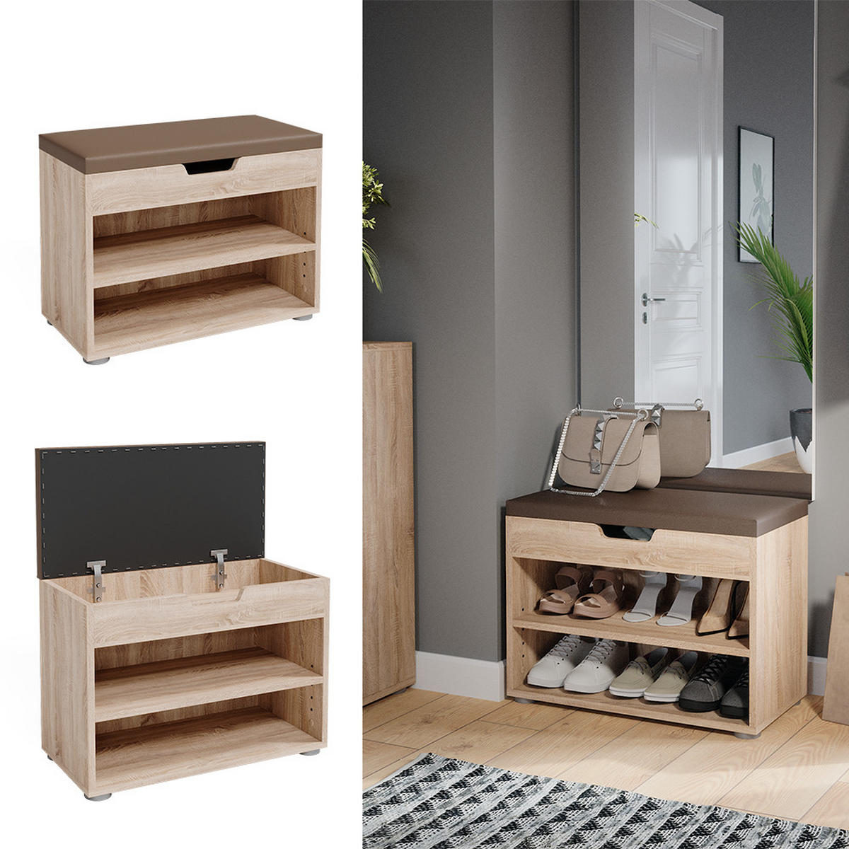 SCHUHBANK Rolfe Sonoma 60 x 45 cm - Sonoma Eiche, Holzwerkstoff (60/45/30cm) - Vicco