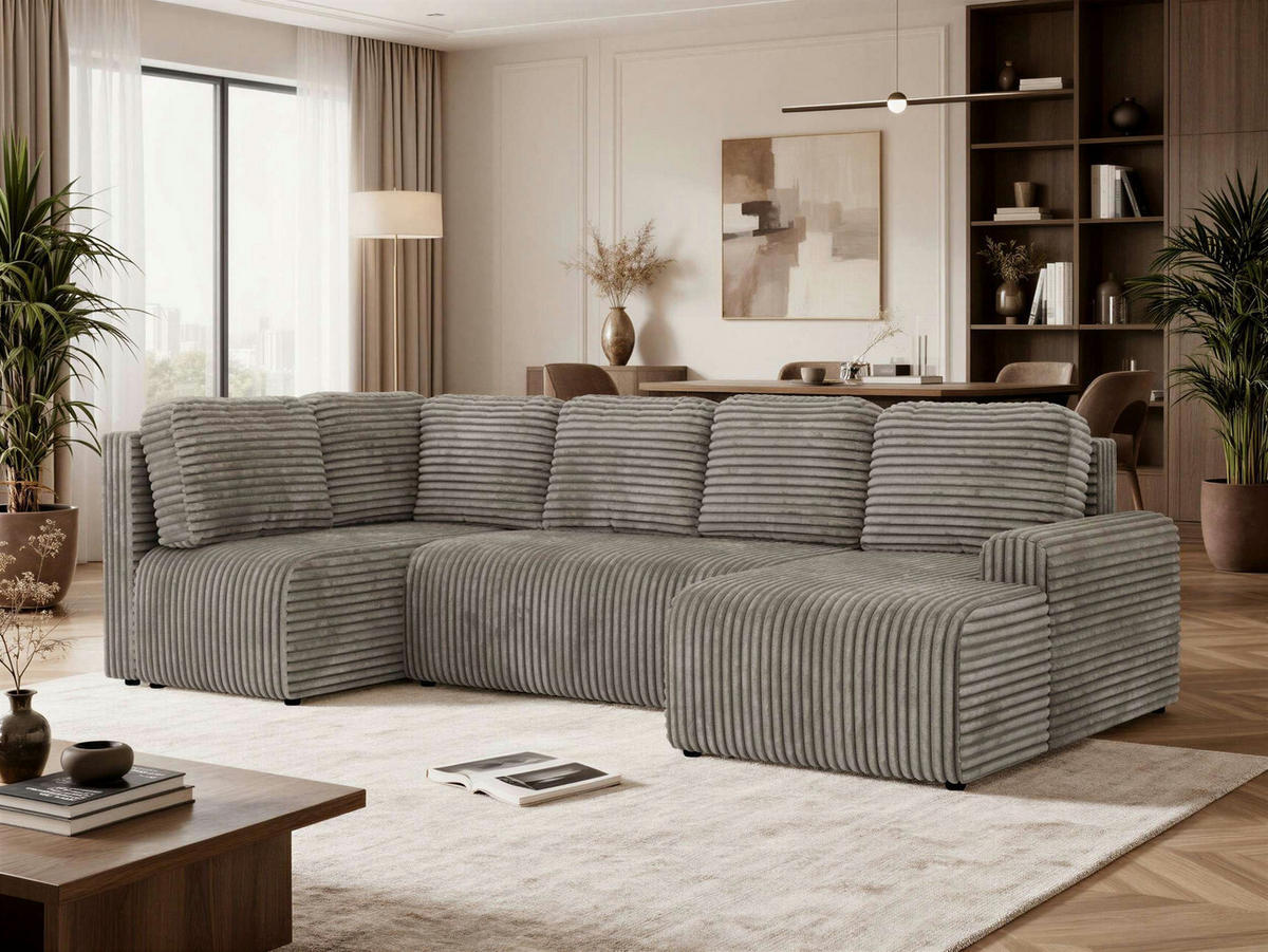 SEDACÍ SOUPRAVA NESSARO COR U Světle hnědá Manšestr - Vlevo - černá/světle hnědá, textil/plast (307/92/151cm) - MKS