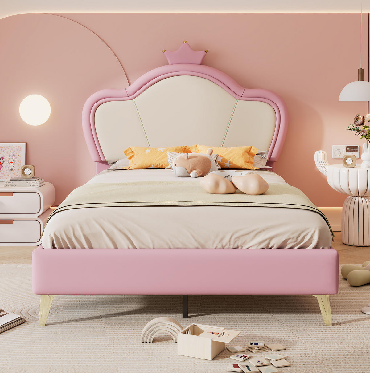 POLSTERBETT 90/200 cm Rosa/Weiß aus PU mit Kronen-Kopfteil - Weiß, Kunststoff (90/200cm) - OKMYHOME