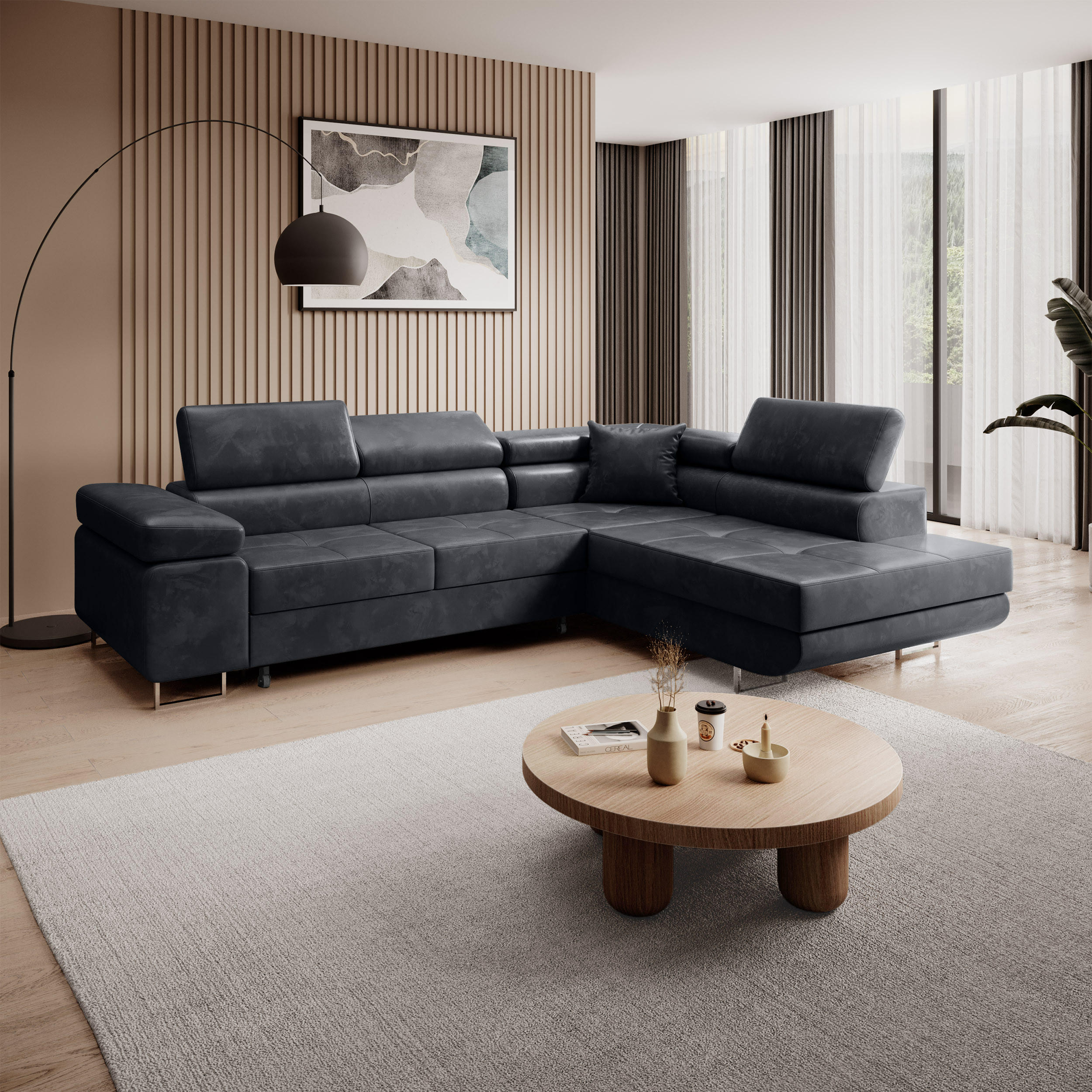 ECKSCHLAFSOFA Vild verstellbaren Kopfstützen, Schwarz, rechts - Chromfarben/Schwarz, Textil (275/203cm) - Beautysofa