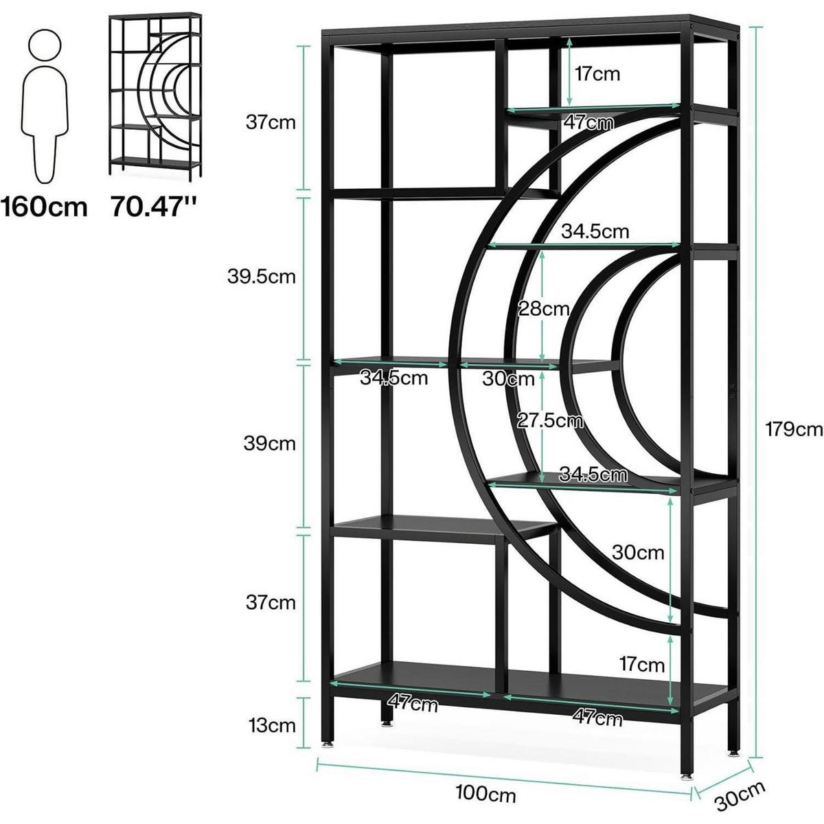 BÜCHERREGAL Geometrisch 179cm Schwarz - Schwarz, Metall (100/179/30cm)
