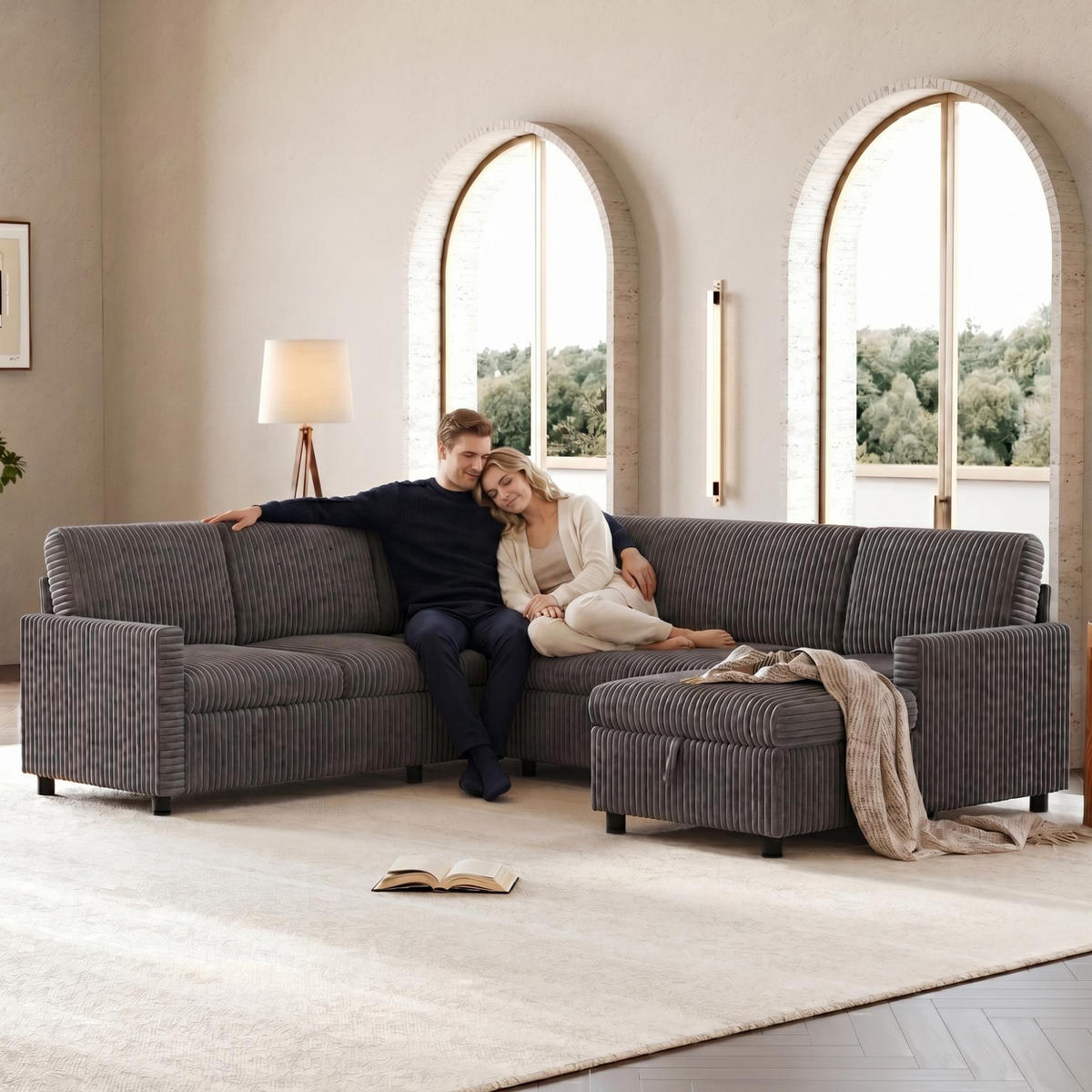 SOFA U Oblik na Razvlačenje Cord 220x274x85 cm Siva - siva, tekstil (274/85/220cm) - FLIEKS