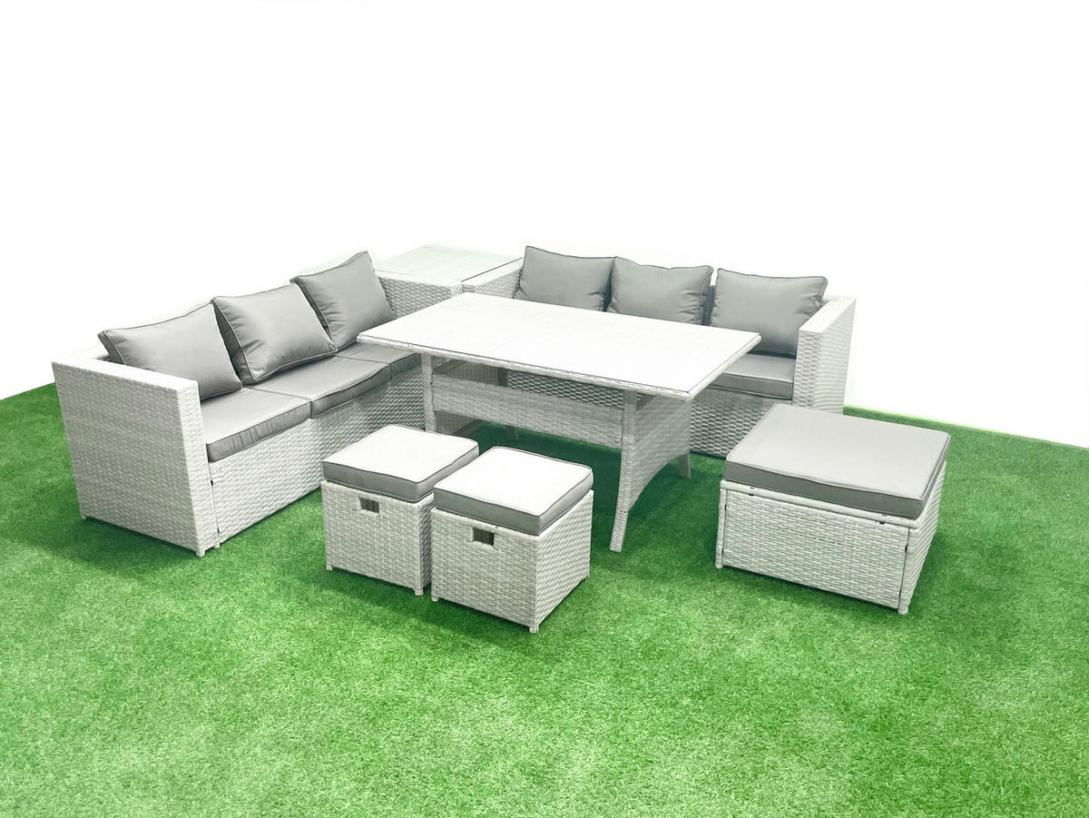 GARTENMÖBEL SET mit Esstisch,3 Hockern,Beistelltisch Polyrattan Hellgrau 9-Sitzer - Hellgrau/Grau, Glas/Kunststoff - Fimous