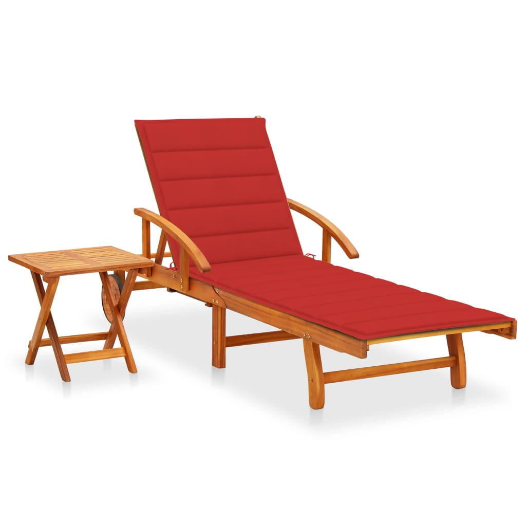 SONNENLIEGE mit Tisch und Auflage Akazie Massivholz - Rot, Holz (67/85/200cm) - furnicato