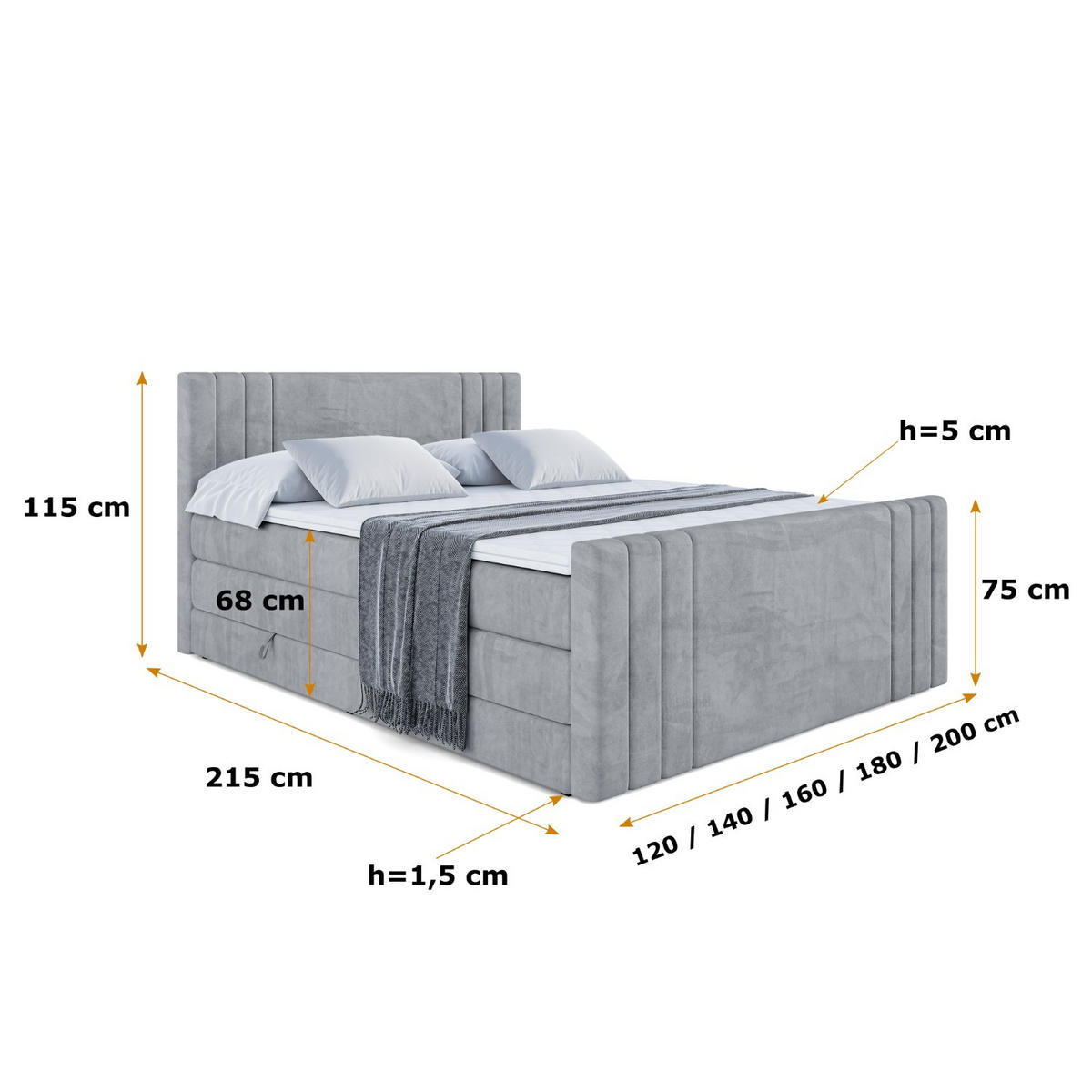 BOXSPRINGBETT IDRIKO-Z KING - 160x200 - H3/H4 - Grau - Grau, Holzwerkstoff (160/200cm) - ALTDECOR