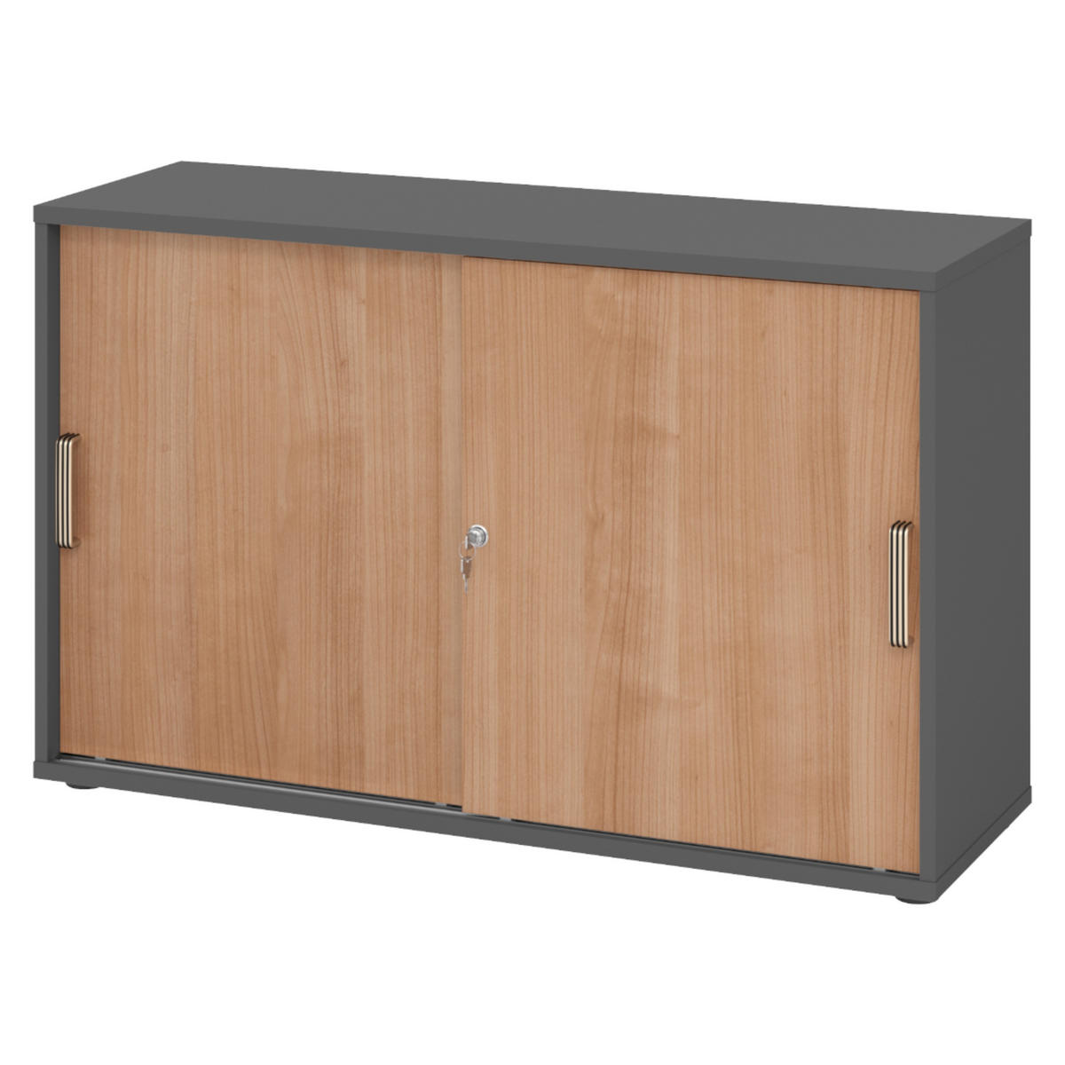 SCHIEBETÜRENSCHRANK - 2 Ordnerhöhen 40/120/74,8 cm in Graphitfarben/Nussbaumfarben Streifengriff (Kunststoff) - Nussbaumfarben/Graphitfarben, Holzwerkstoff (120/74.8/40cm) - bümö