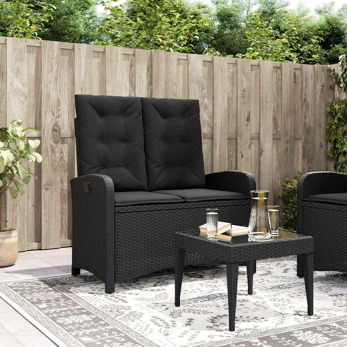 GARTENBANK Verstellbar Mit Kissen Schwarz Poly Rattan - Schwarz, Kunststoff (105/93/59cm) - vidaXL