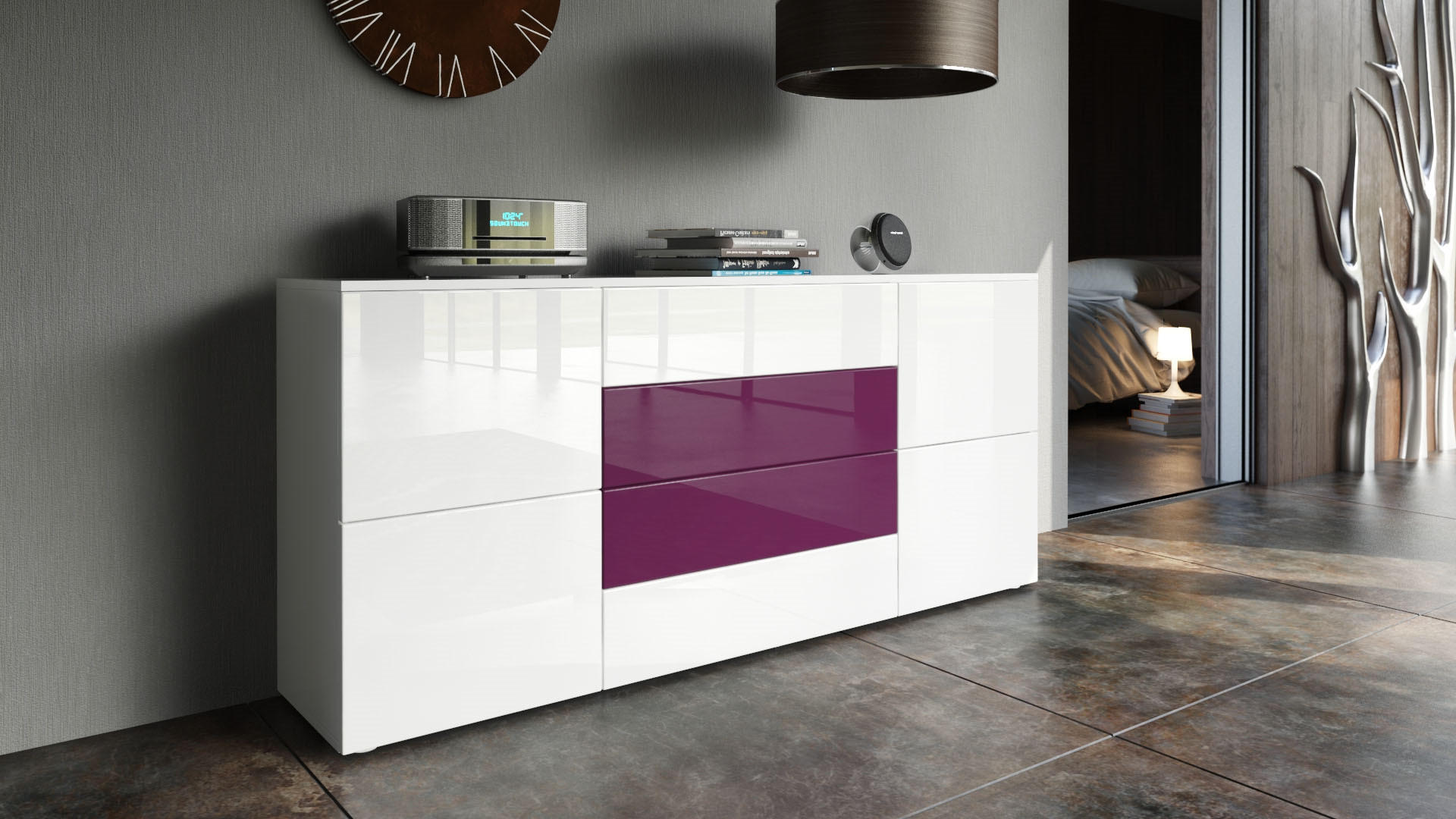 SIDEBOARD Rova Weiß Hochglanz / Brombeer Hochglanz - Weiß Hochglanz, Holzwerkstoff (166/72/35cm) - Vladon