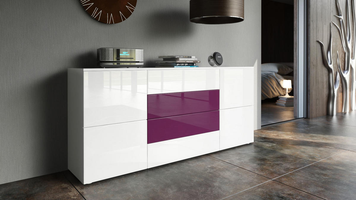 SIDEBOARD Rova Weiß Hochglanz / Brombeer Hochglanz - Weiß Hochglanz, Holzwerkstoff (166/72/35cm) - Vladon