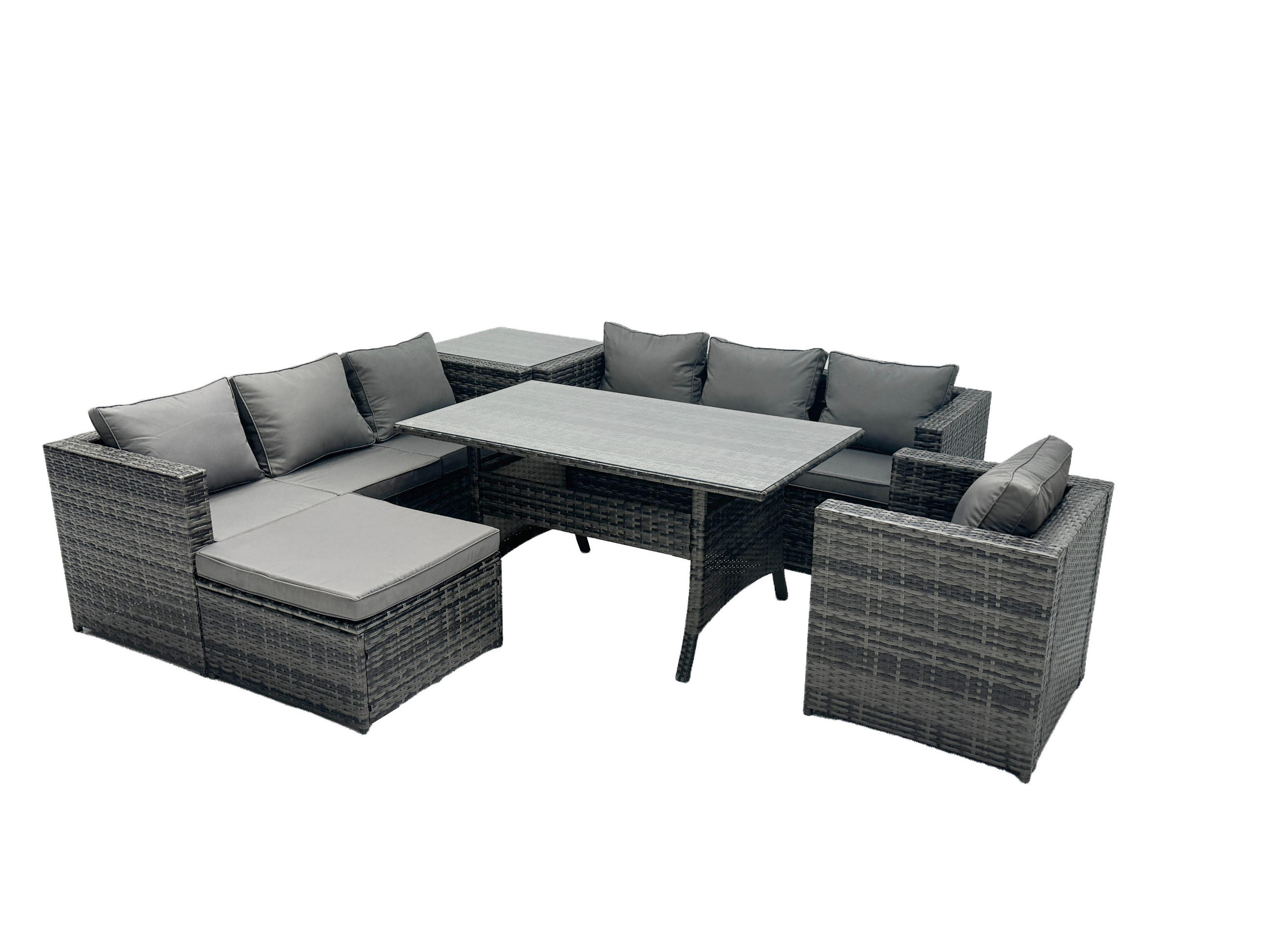 LOUNGEGARNITUR mit Hocker Polyrattan Dunkelgrau 8-Sitzer - Dunkelgrau/Grau, Glas/Kunststoff - Fimous