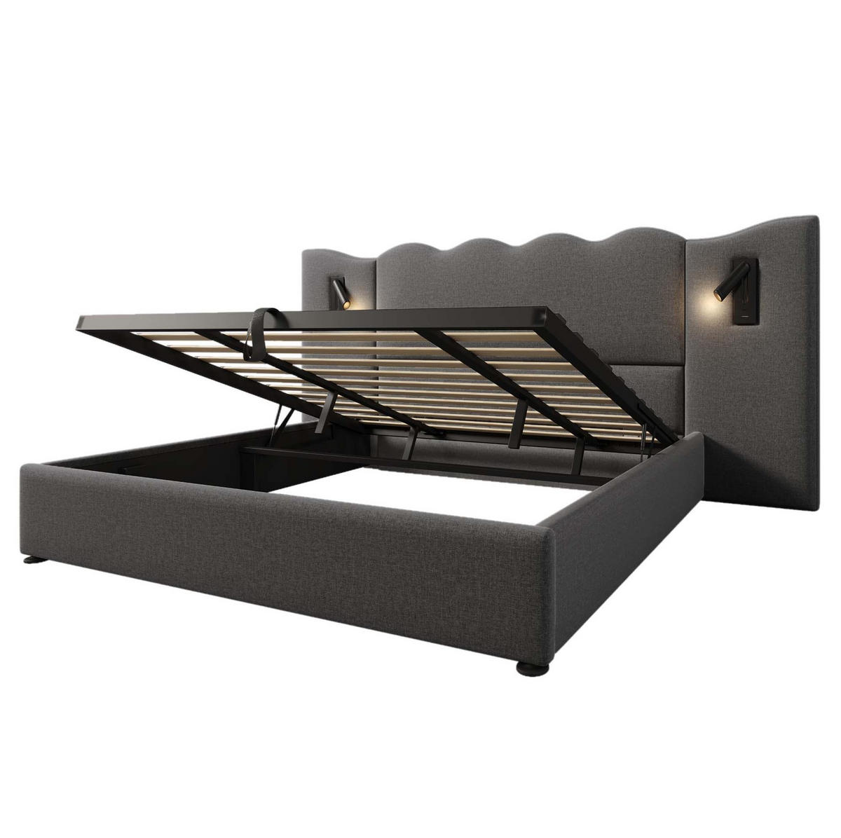 POLSTERBETT 180/200 cm mit Leselampe, USB-C, Stauraum und Wellenkopfteil, Leinen, Grau - Grau, Textil (180/200cm) - Redom
