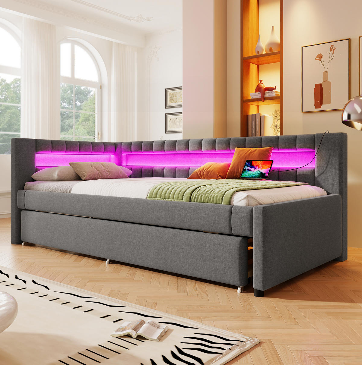 POLSTERBETT 90/200 cm Grau mit LED-Beleuchtung und USB- und Type-C-Anschlüssen aus Leinen - Grau, Textil (90/200cm) - OKWISH