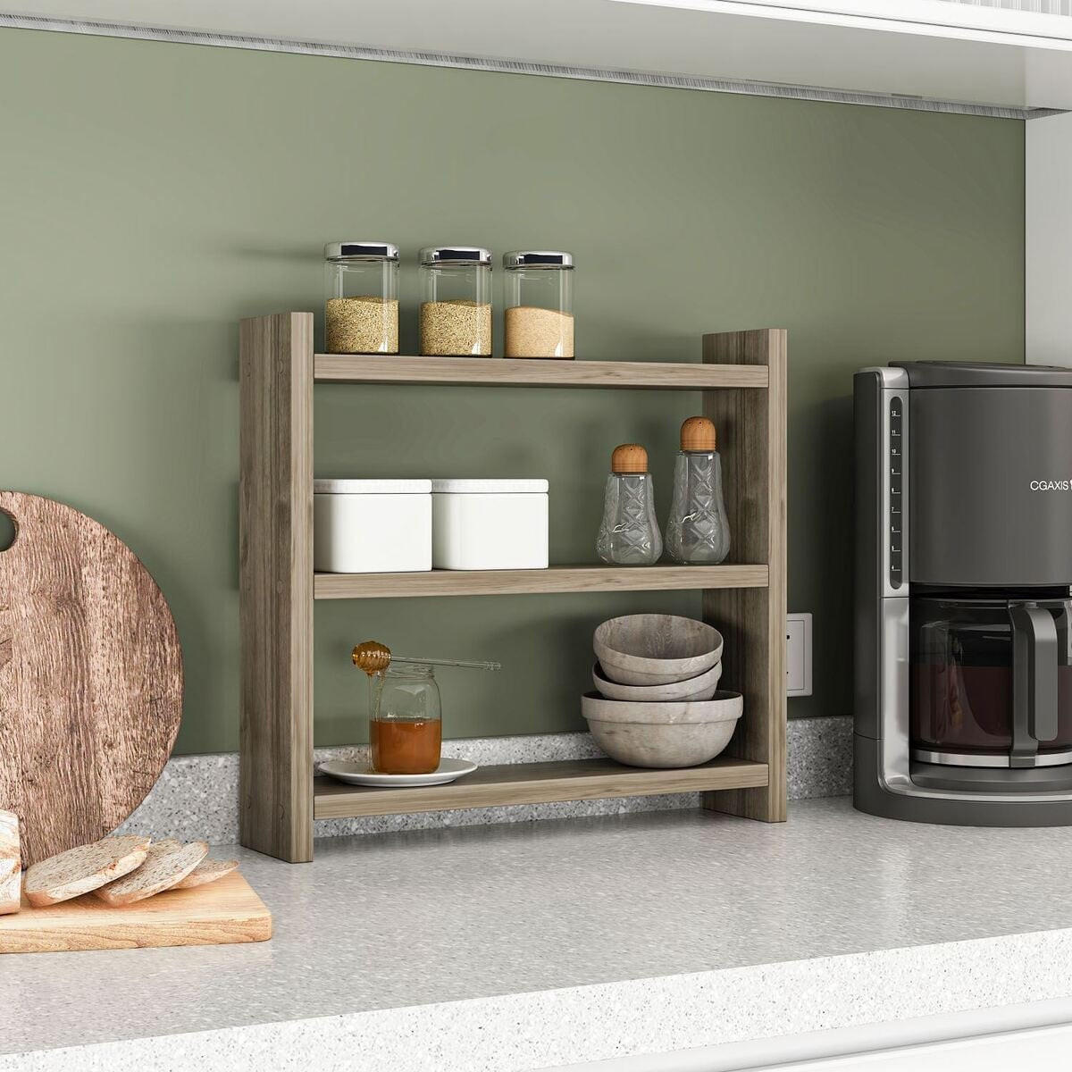 WANDREGAL für die Küche mit 3 Ablagen 44/10/40 cm - Naturfarben, Holzwerkstoff (10/40/44cm) - Calicosy