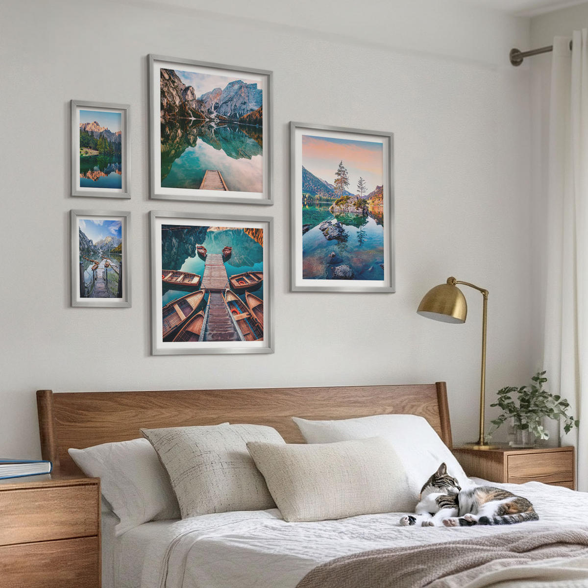 BILDER SET 5er Set - 50x50 cm & 20x30 cm & 40x60 cm Silberner Rahmen - Pfad Wald Wasserfall Vegetation - Silberfarben, Kunststoff (40/60cm) - TULUP
