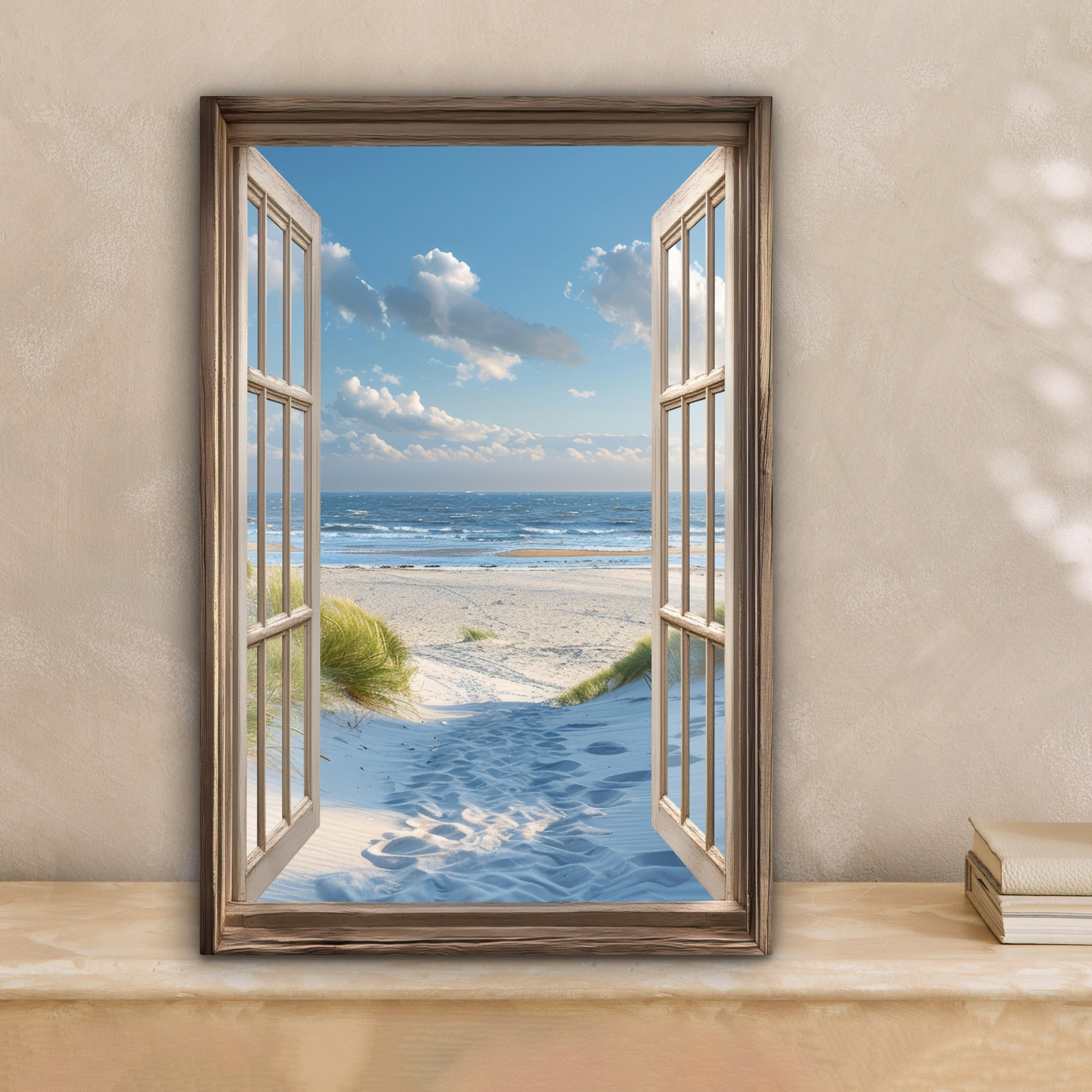 LEINWANDBILD Aussicht - Strand - Fenster - Dünen - Meer 20x30 cm - Hellblau, Textil (20/30cm) - MuchoWow