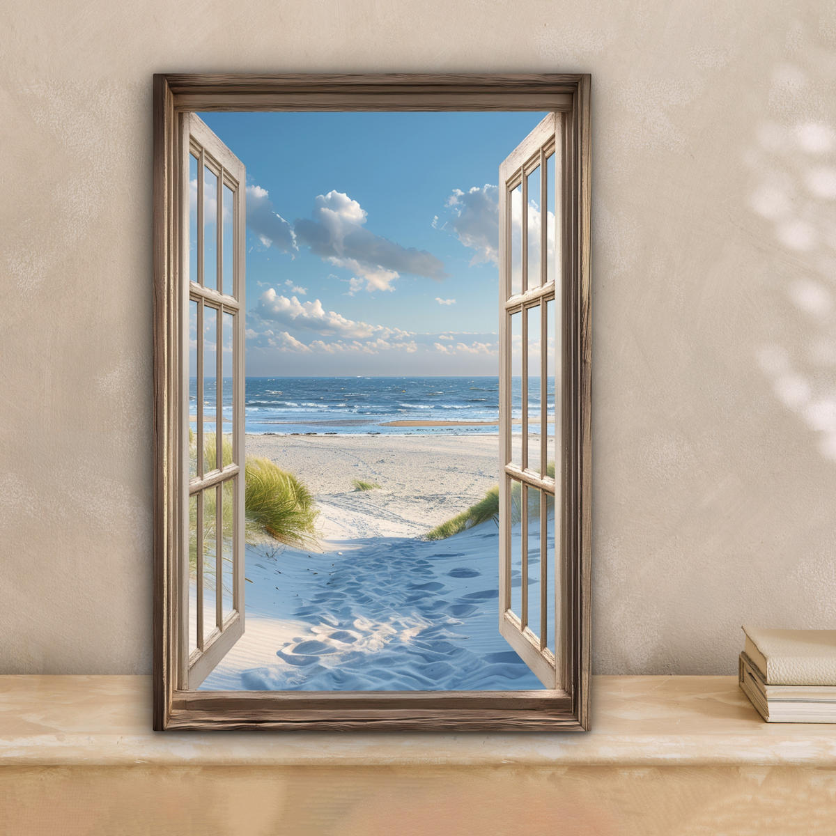 LEINWANDBILD Aussicht - Strand - Fenster - Dünen - Meer 20x30 cm - Hellblau, Textil (20/30cm) - MuchoWow