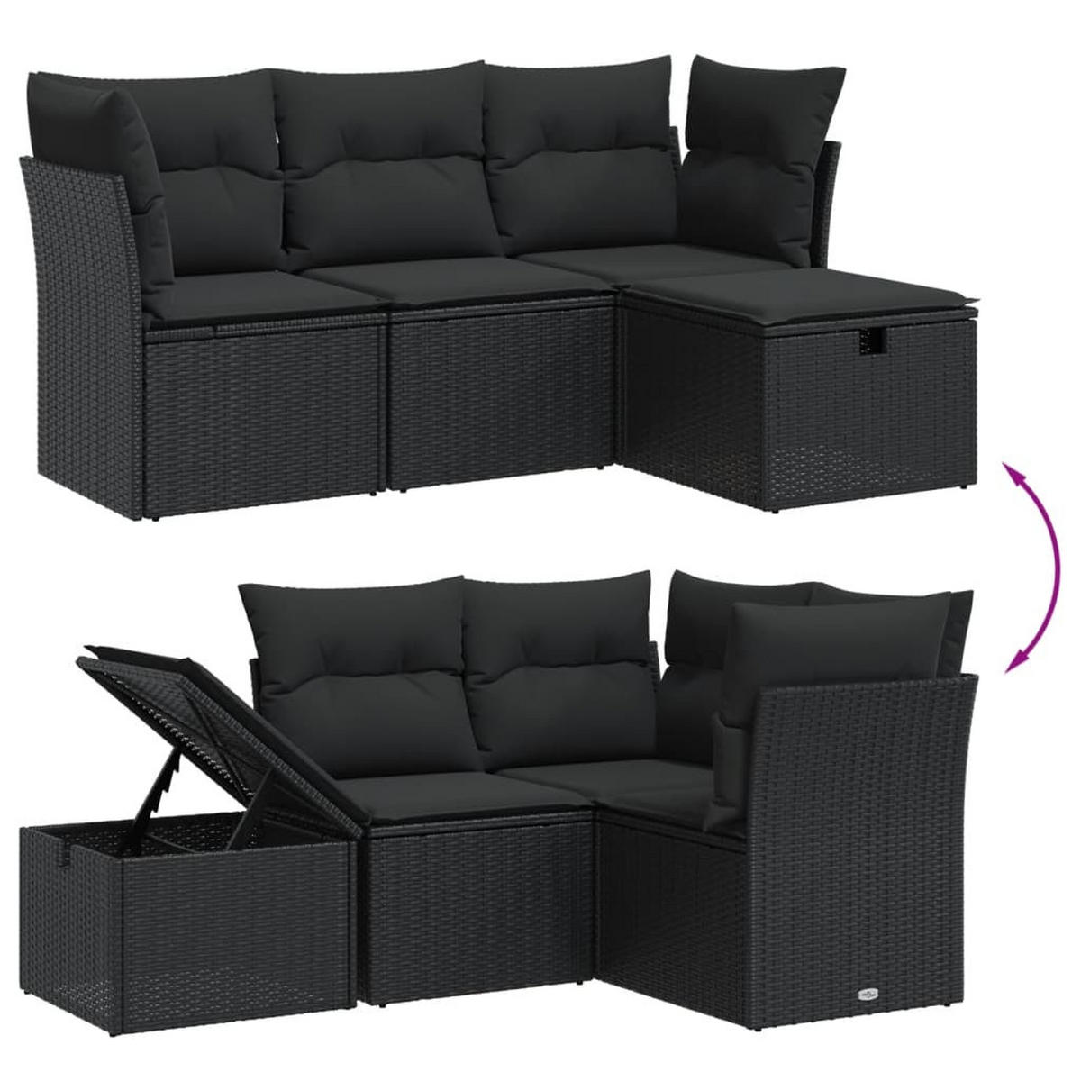 GARTEN-SOFAGARNITUR 4-teilig Mit Kissen Schwarz Poly Rattan - Schwarz, Kunststoff - vidaXL