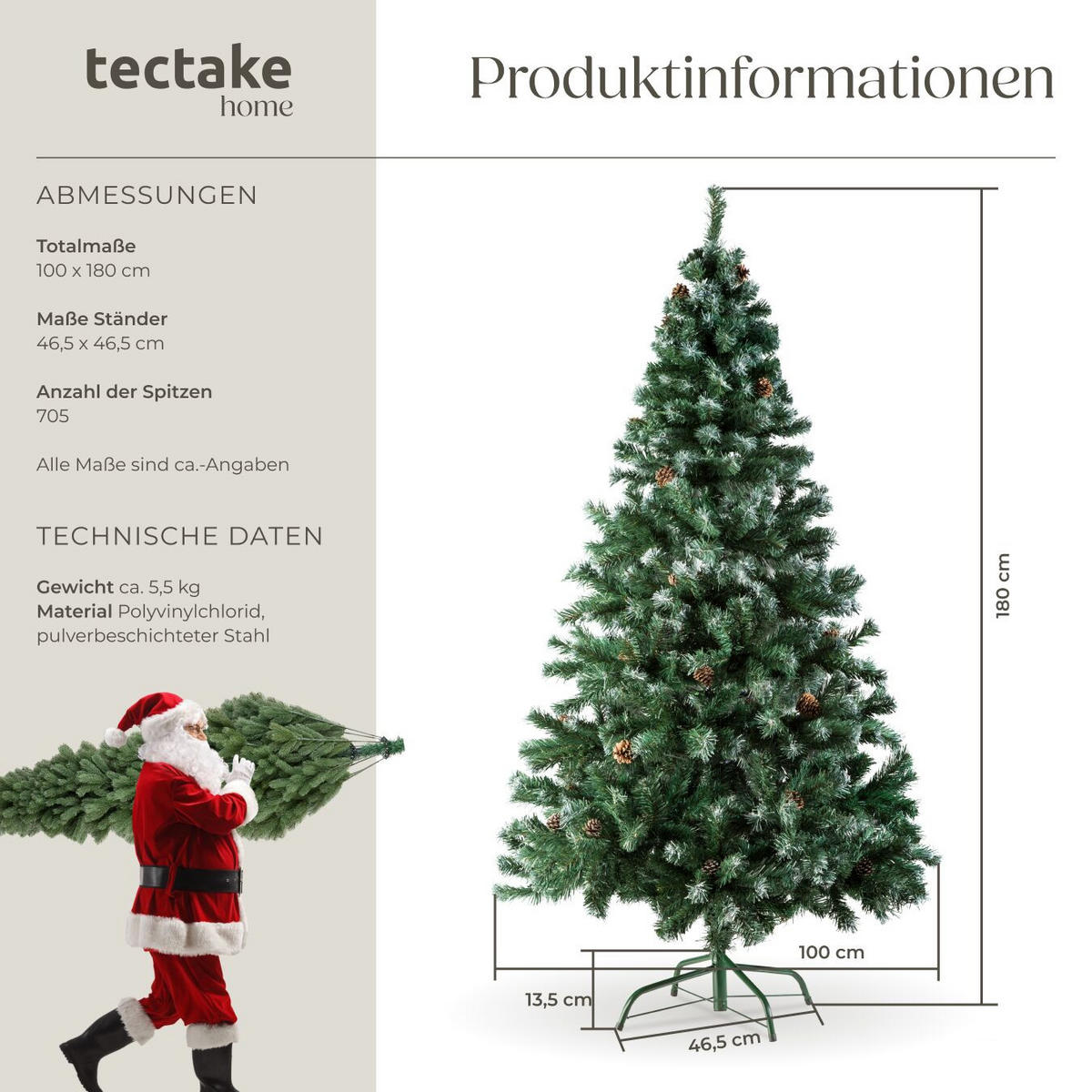 WEIHNACHTSBAUM ,inklusive Metallständer mit Kunststoffkappen,grün - Grün, Kunststoff (180cm) - tectake