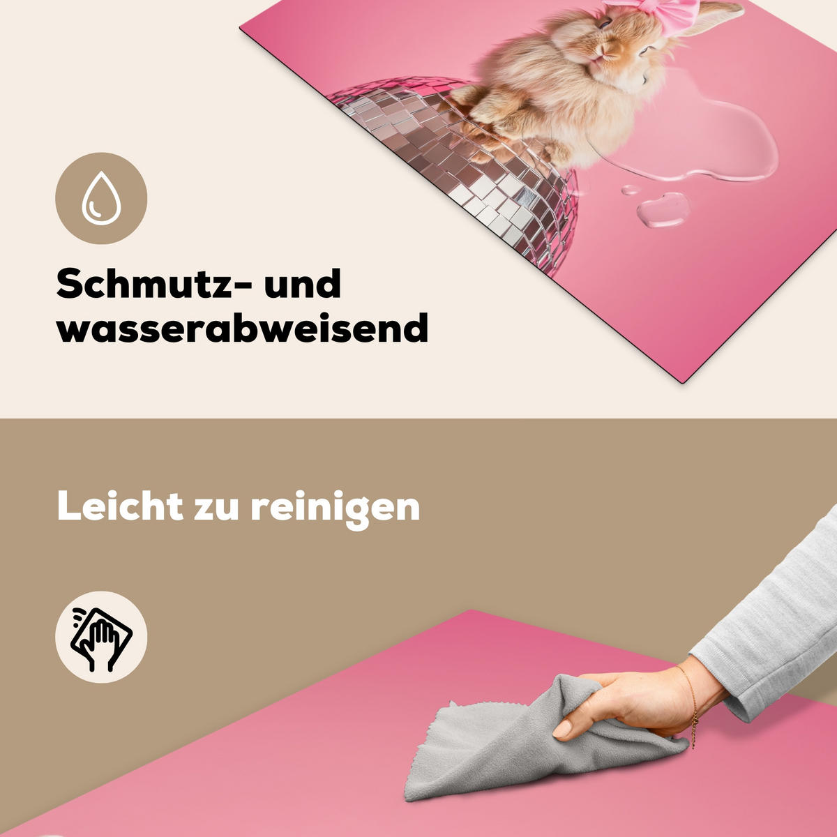 HERDABDECKPLATTE Schleife - Discoball - Kaninchen Ceranfeldabdeckung 85x52 cm - Pink, Kunststoff (85/52/0.2cm) - MuchoWow