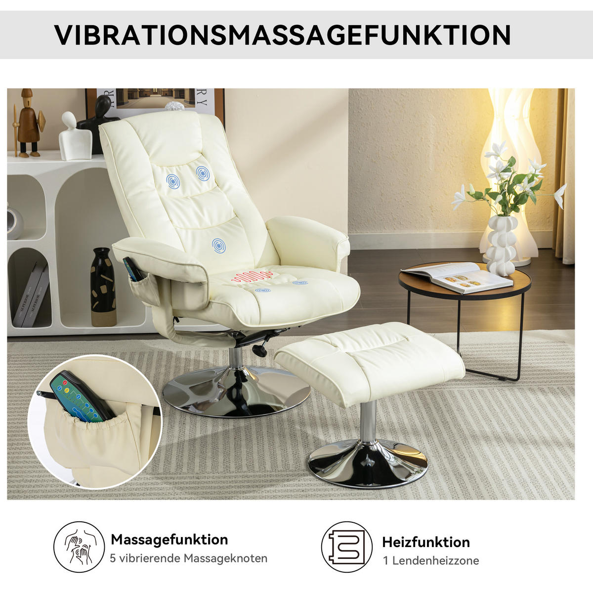 MASSAGESESSEL PU-Leder mit Fußhocker 79/79/106 cm Beige - Beige, Kunststoff (79/106/79cm) - Redom