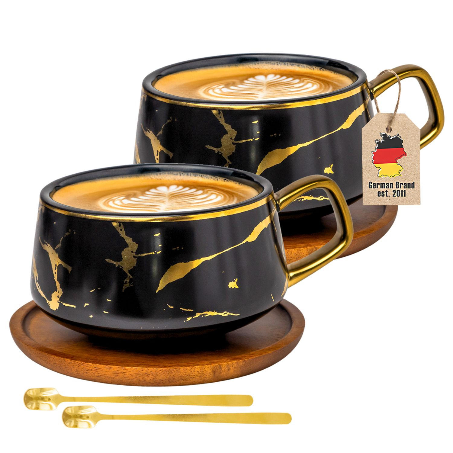 KAFFEETASSE Marmor Design 200 ml mit Untersetzer (2-tlg.) - Schwarz, Keramik (13/6.3/13cm) - Intirilife