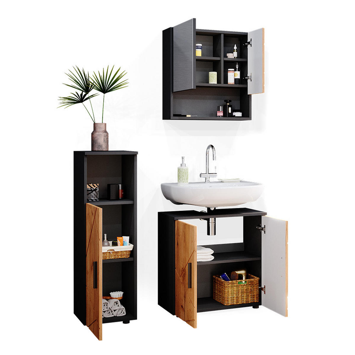 BADMÖBEL-SET Irma Goldkraft Eiche/Anthrazit 3 Teile - Anthrazit/Eiche Wotan, Holzwerkstoff (80/58.6/41cm) - Vicco