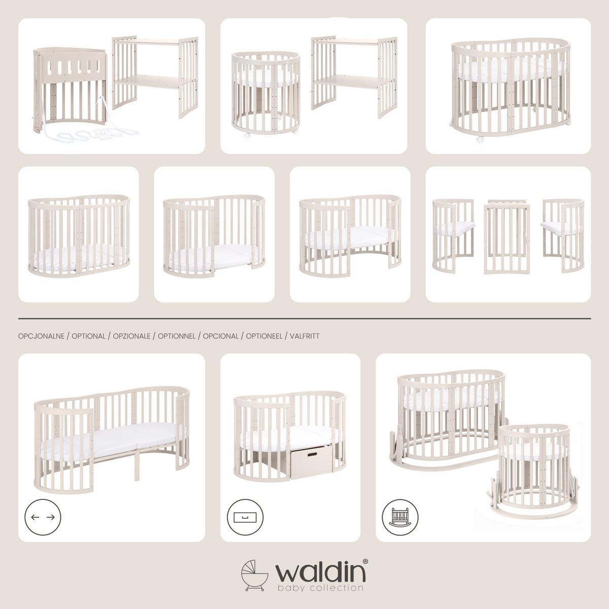 PĂTUȚ bebe Cașmir oval 7in1 cu saltea - cașmir, material textil/lemn (73/125cm) - waldin