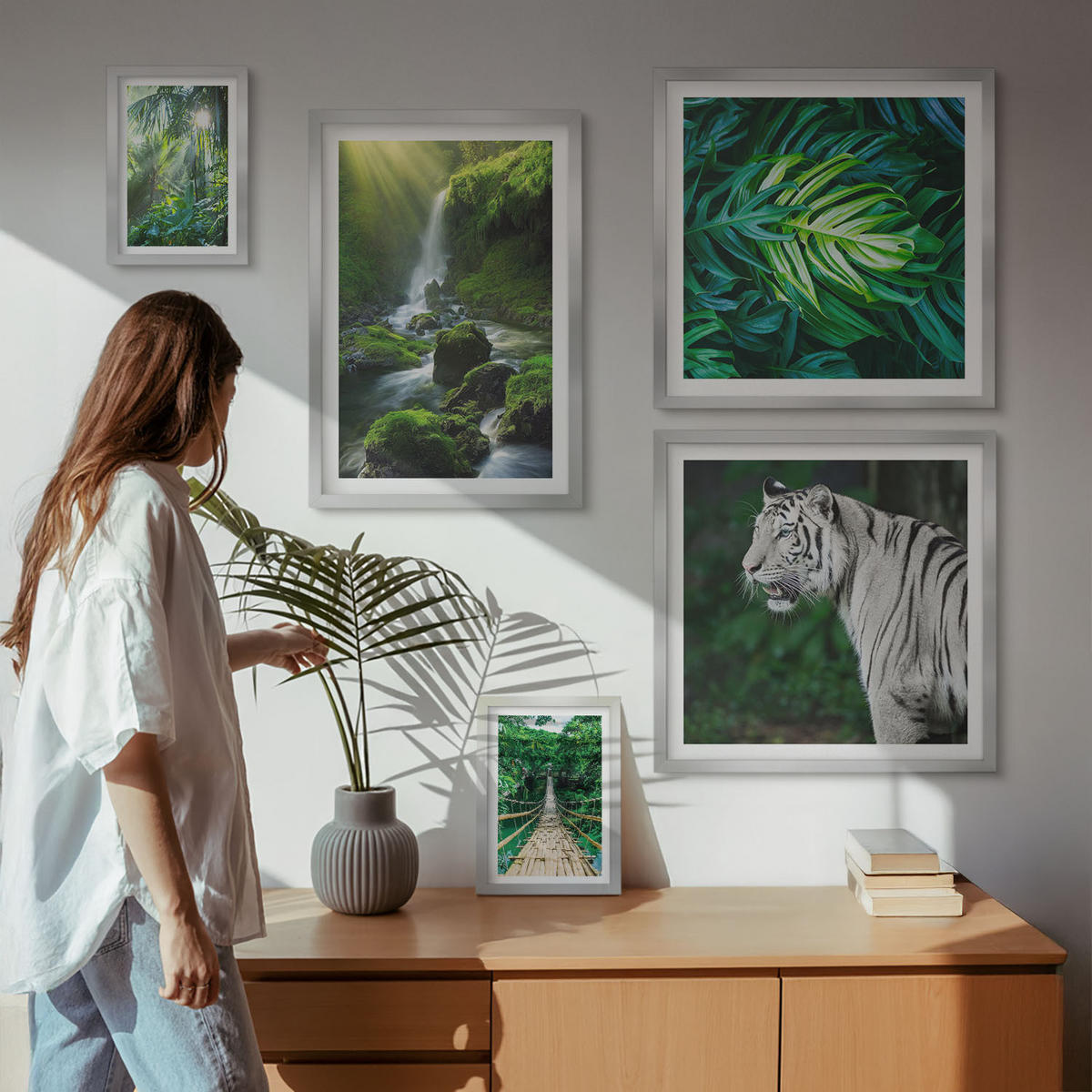 BILDER SET 5er Set - 50x50 cm & 20x30 cm & 40x60 cm Silberner Rahmen - Dschungel-Weißtiger-Wasserfall - Silberfarben, Kunststoff (40/60cm) - TULUP