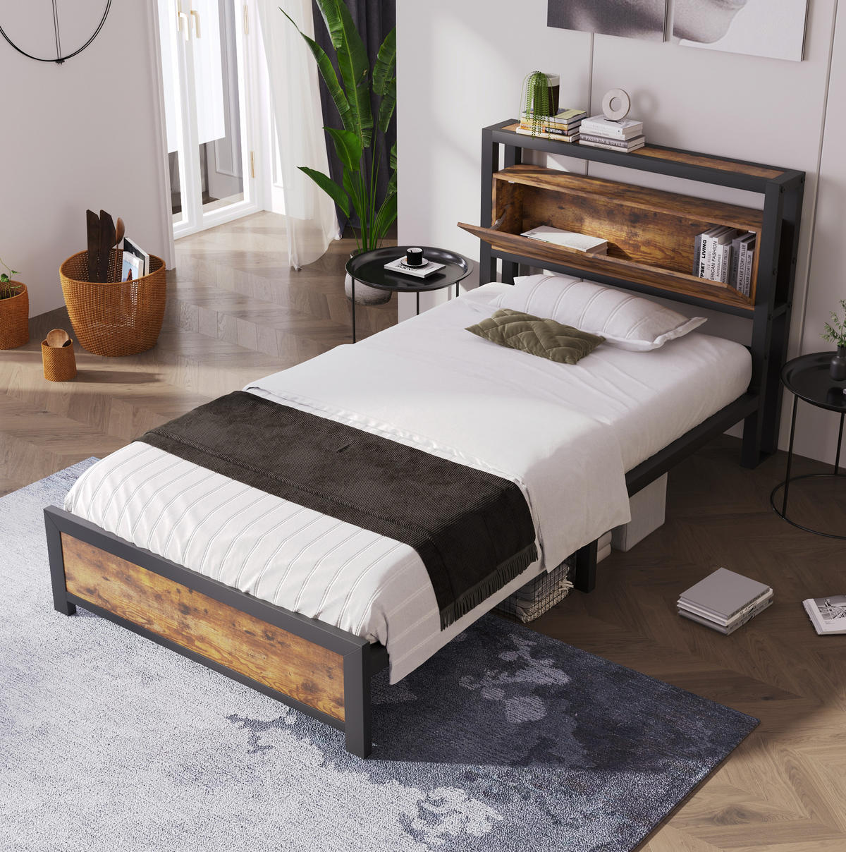 METALLBETT aus Metall und Holz 90x200 cm in Natur mit Stauraum-Kopfteil - Naturfarben, Metall (90/200cm) - Modfu