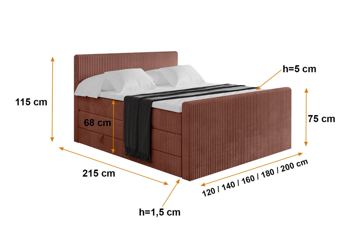 BOXSPRINGBETT mit Matratze H3|H4 und Lattenrost - TOLO-Z KING 200x200 Cord - Ziegelrot - Rostfarben, Holzwerkstoff (200/200cm) - ALTDECOR