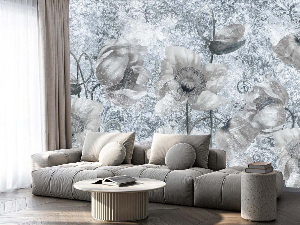 FOTOTAPETE für Wohnzimmer Grau Mohnblumen Beton Blumen Blätter 100x70 - Grau, Papier (100/70cm) - Muralo