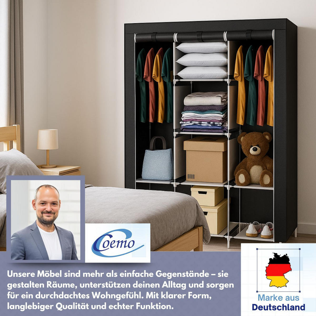 STOFFSCHRANK Kleiderschrank, 2 Kleiderstangen, 130/45/175 cm, Farbe: Schwarz - Schwarz, Textil (45/175/130cm) - Coemo