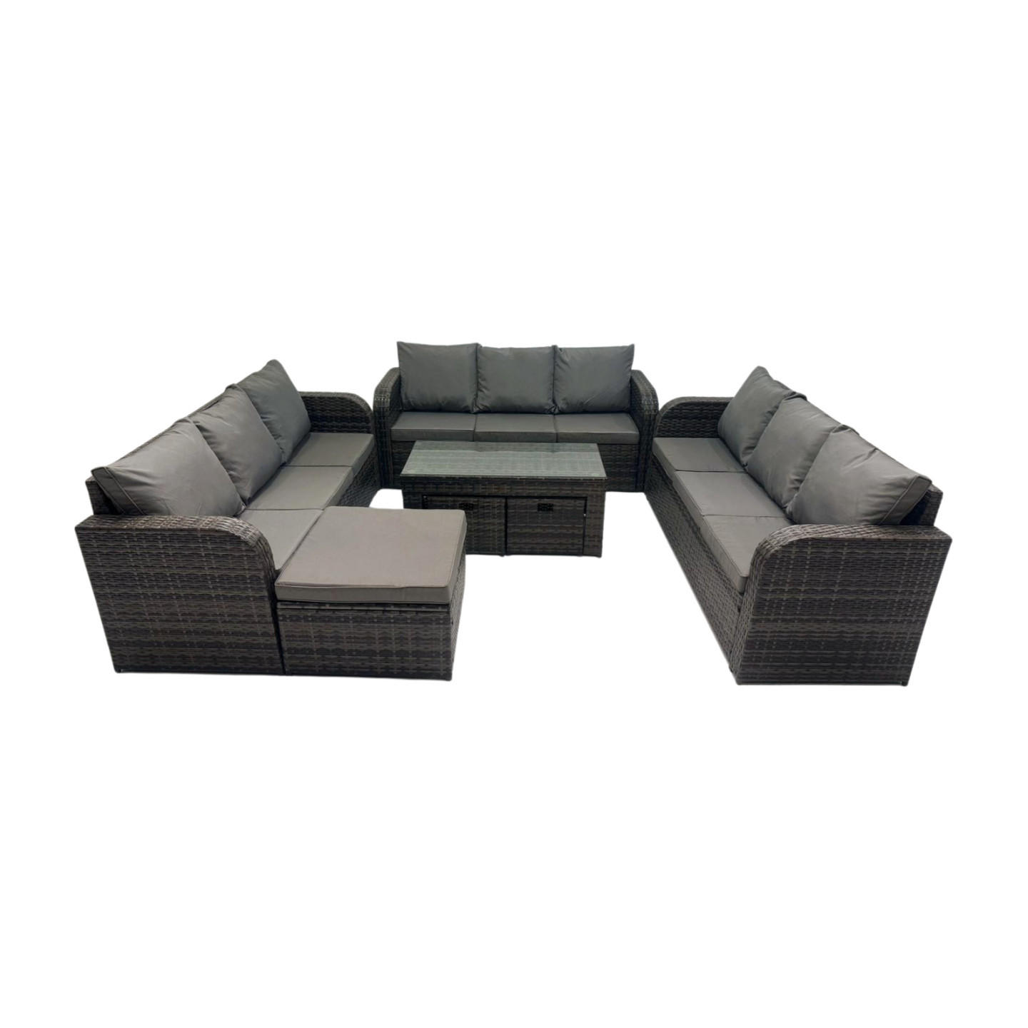 GARTENSOFA SET mit rechteckigem COUCHTISCH Polyrattan 12-Sitzer Dunkelgrau - Dunkelgrau/Grau, Glas/Kunststoff - Fimous