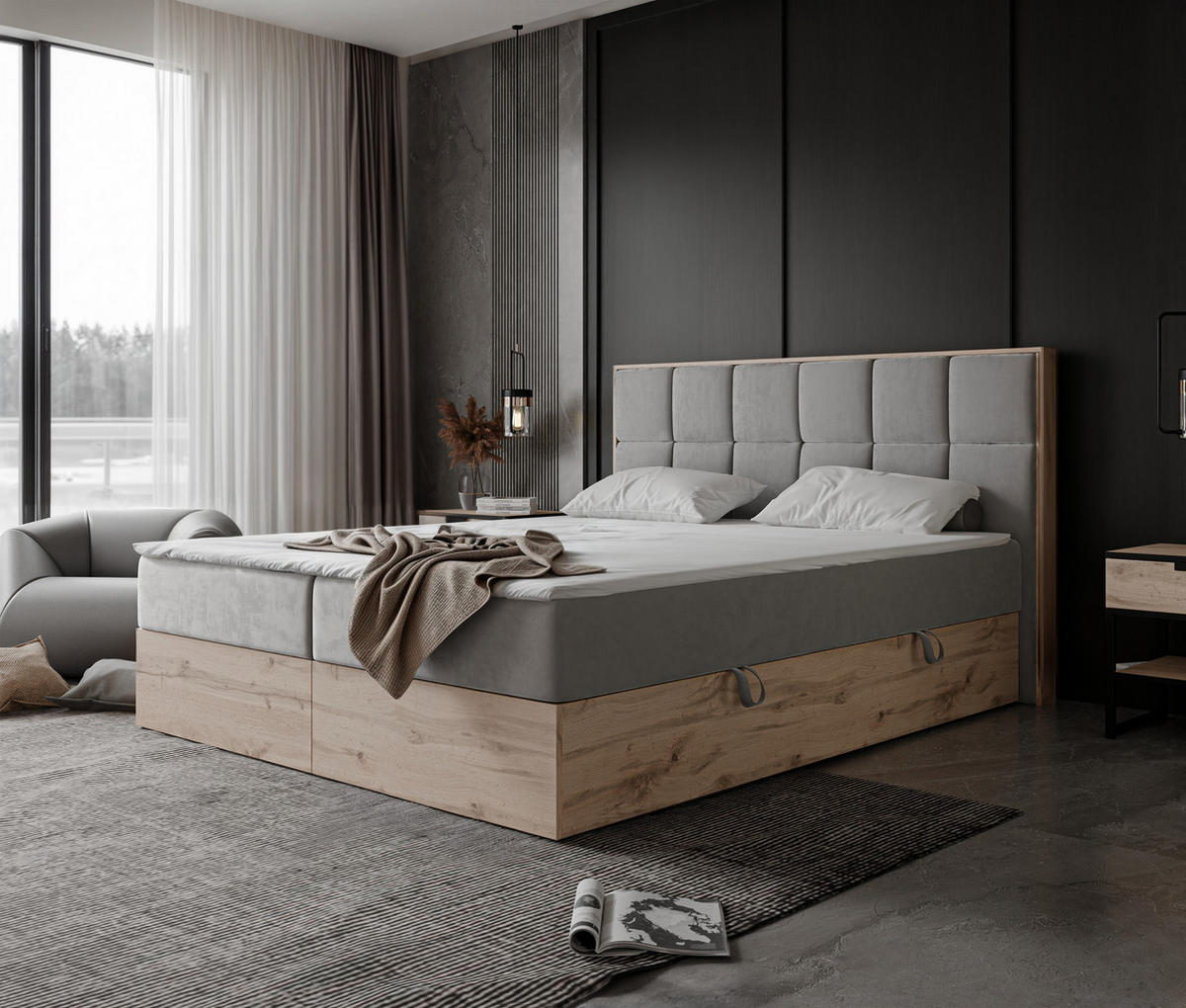 BOXBETT LAVIO II 160/200 cm, in Hellgrau, mit Matratze und Topper - Hellgrau, Holzwerkstoff/Textil (160/200cm) - Idohome