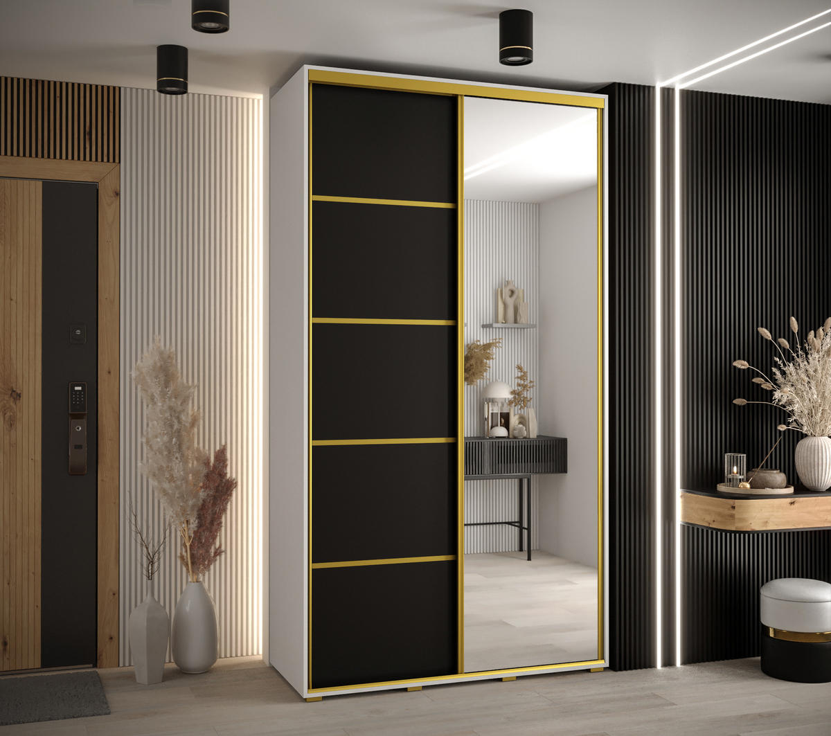 SCHWEBETÜRENSCHRANK 235,2/130/60 2-türig - Goldfarben/Schwarz, Holz/Metall (130/235/60cm) - Abiks Möbel