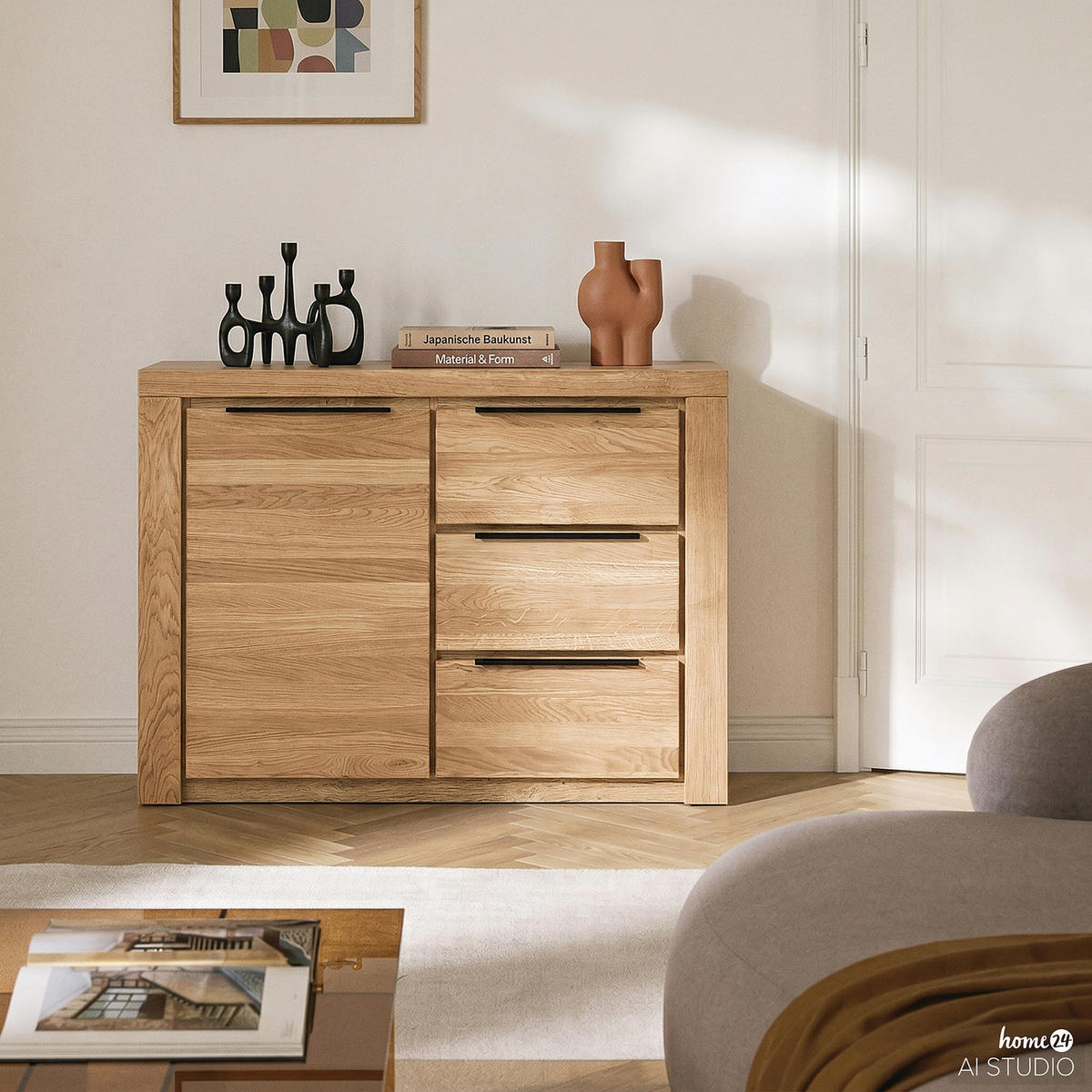 KOMMODE - Eiche teilmassiv - Eiche / Eiche Dekor - Schwarz/Braun, Holz/Holzwerkstoff (108/80/40cm) - home24