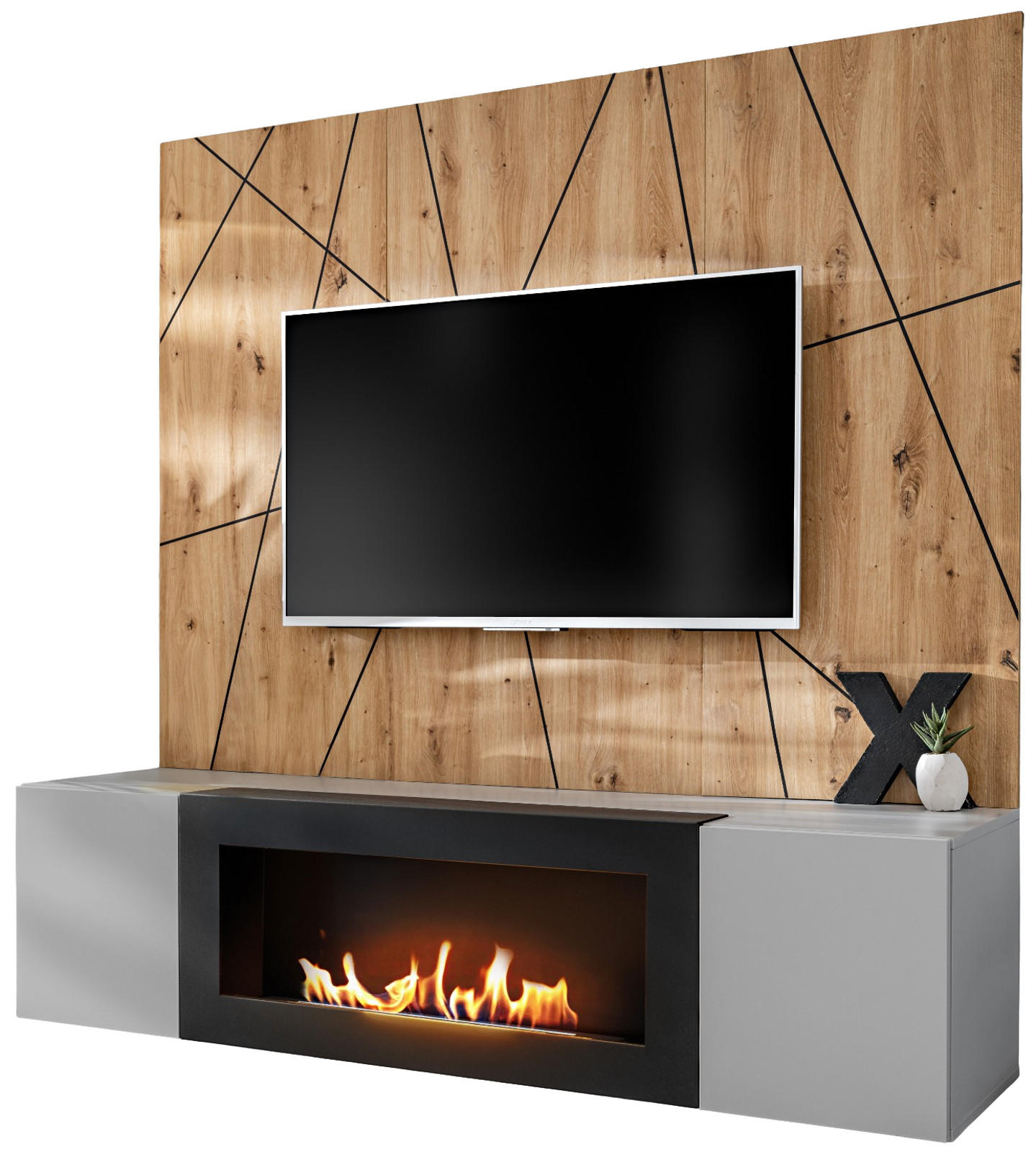 TV-LOWBOARD grau, Eiche Artisan, TV-Unterschrank 160 cm mit Ethanpol Kamin und Akustikpaneel - Hellgrau/Schwarz, Glas/Holzwerkstoff (160/148/35cm) - Inn.Furn