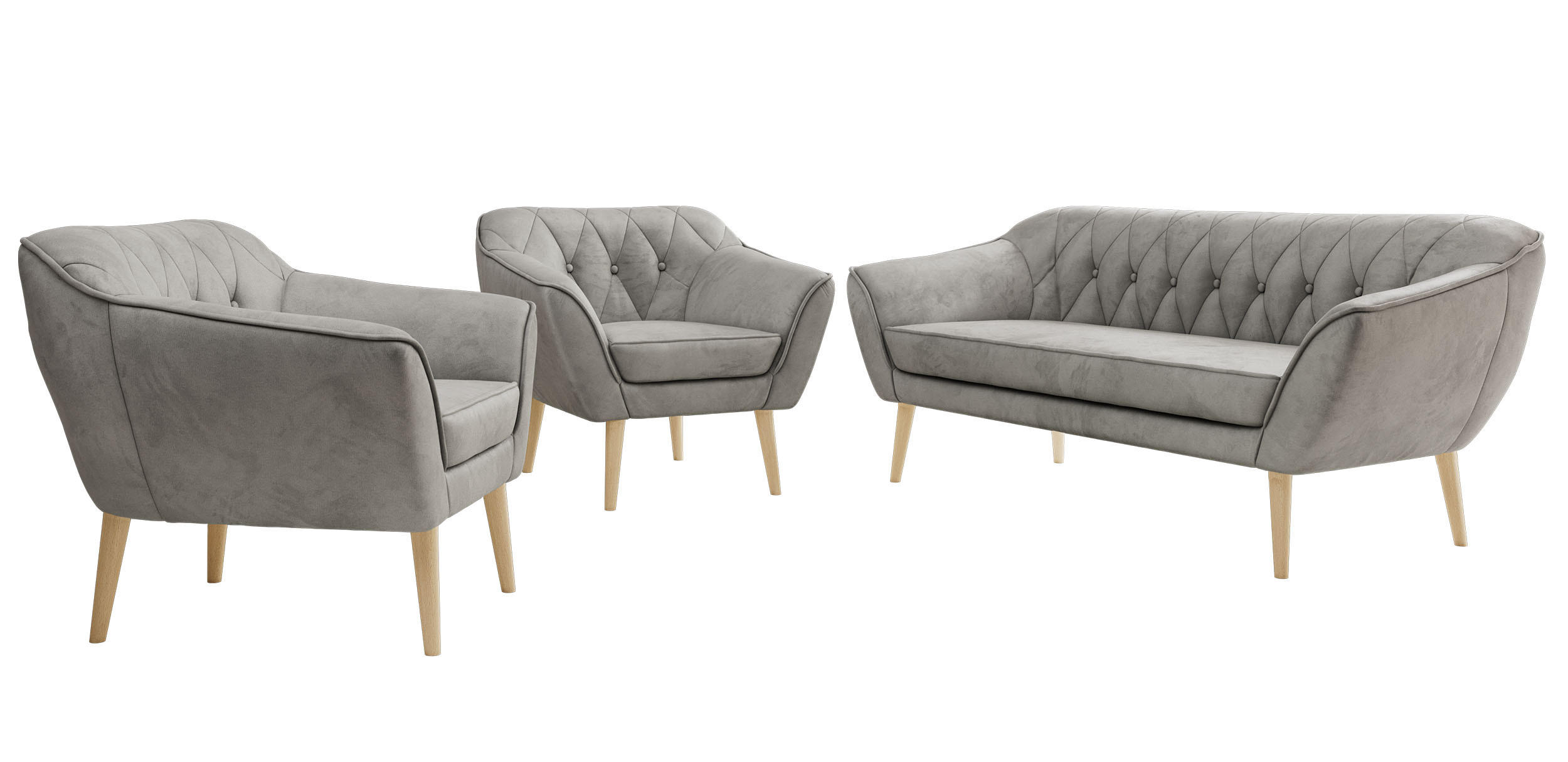SEDACÍ SOUPRAVA 3+1+1 PIRS - Světle šedá Samet - Dřevěné nohy - světle šedá/barva buku, kompozitní dřevo/textil (180/75/74cm) - MKS