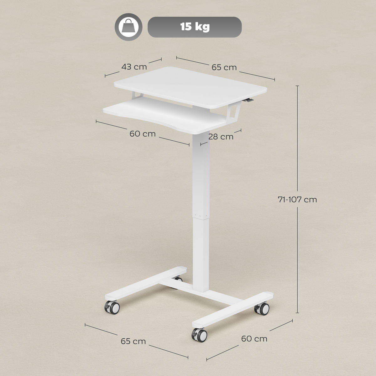 COMPUTERTISCH Weiß höhenverstellbar mit Rollen und Tastaturauszug 65/60/107 cm - Weiß, Holzwerkstoff (60/65/107cm) - PANGIVO